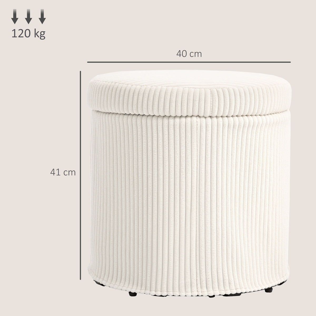 Puff de Arrumação Baú de Arrumação Redondo Estofado em Veludo Cotelê Assento Acolchoado Tampa Removível para Corredor Quarto Sala Ø40x41 cm Creme — foto 3