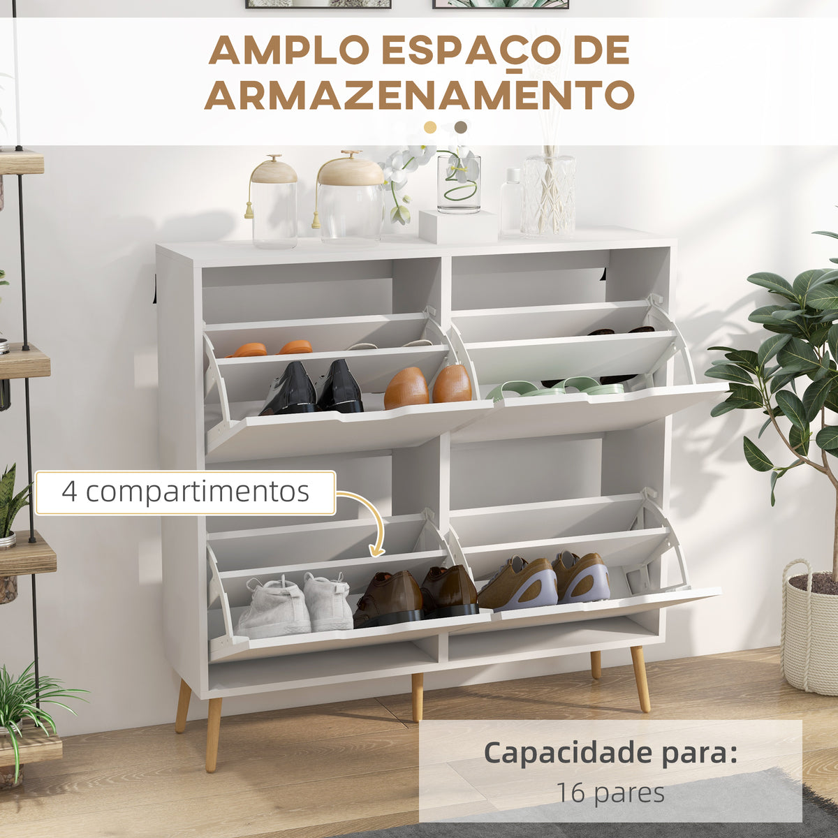 Sapateira com 4 Gavetas e Prateleiras Ajustáveis Móvel para Sapatos de Corredor para 16 Pares de Sapatos 95x26x95 cm Branco — foto 4