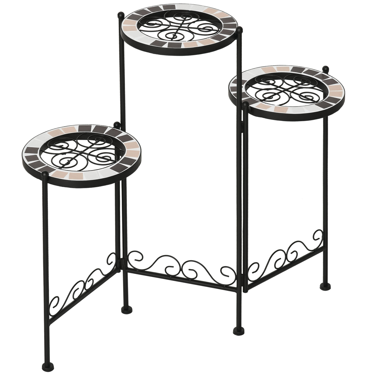 Suporte de Metal para Plantas Dobrável Suporte para Flores com 3 Prateleiras com Bordas de Azulejo para Decoração de Interiores e Exteriores 60x22x65cm Preto — foto 1
