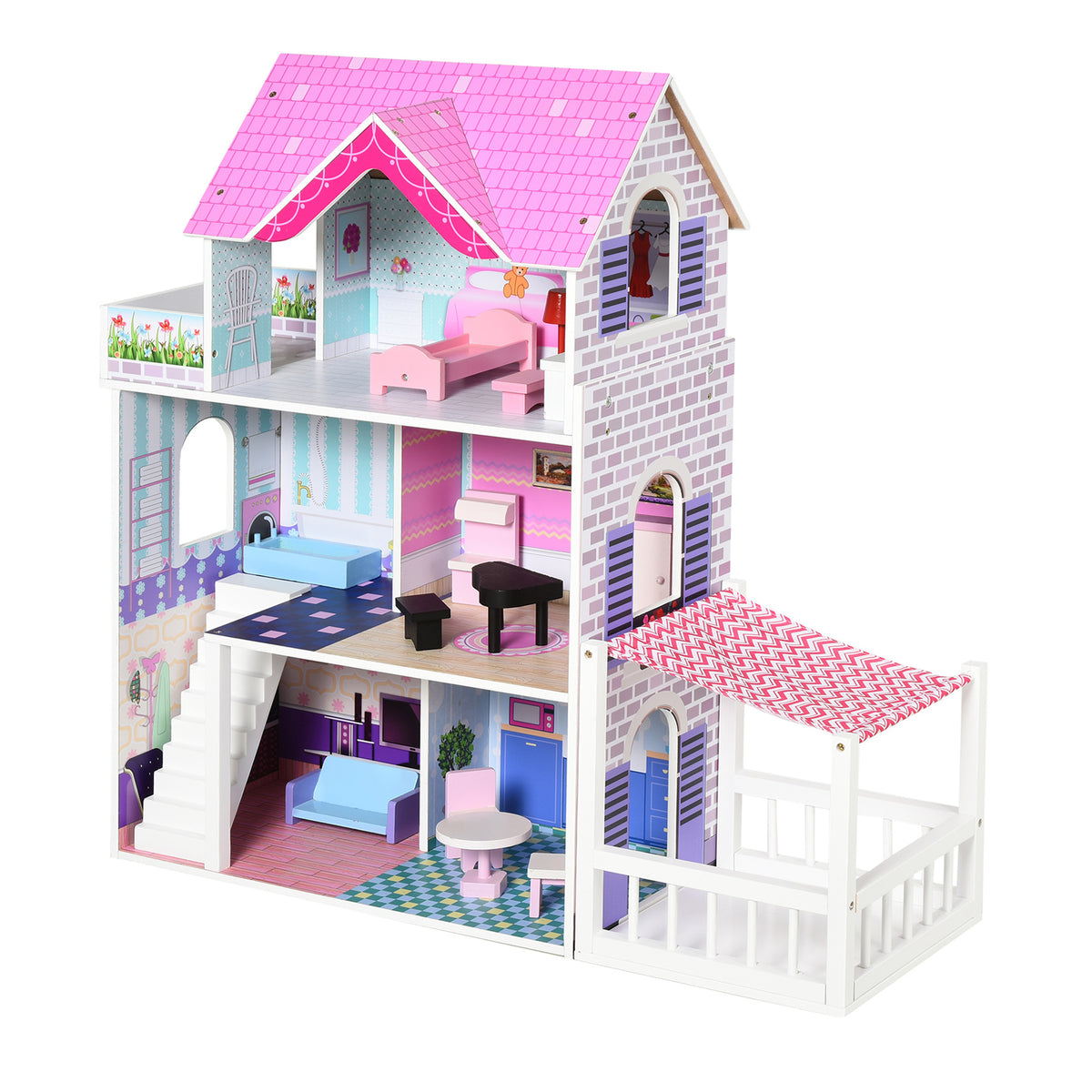 Casa de Bonecas de 3 Andares com Pátio Móveis Acessórios Bonita Casa de Bonecas de Madeira 86x30x87 cm Rosa — foto 1