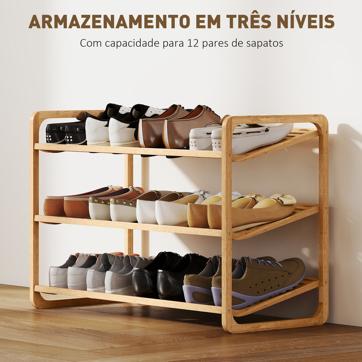 Sapateira de 3 Níveis Estante para Sapatos em Bambu para 12 Pares de Sapatos Estante para Entrada Corredor Quarto 76x33x50,8 cm Madeira — foto 5