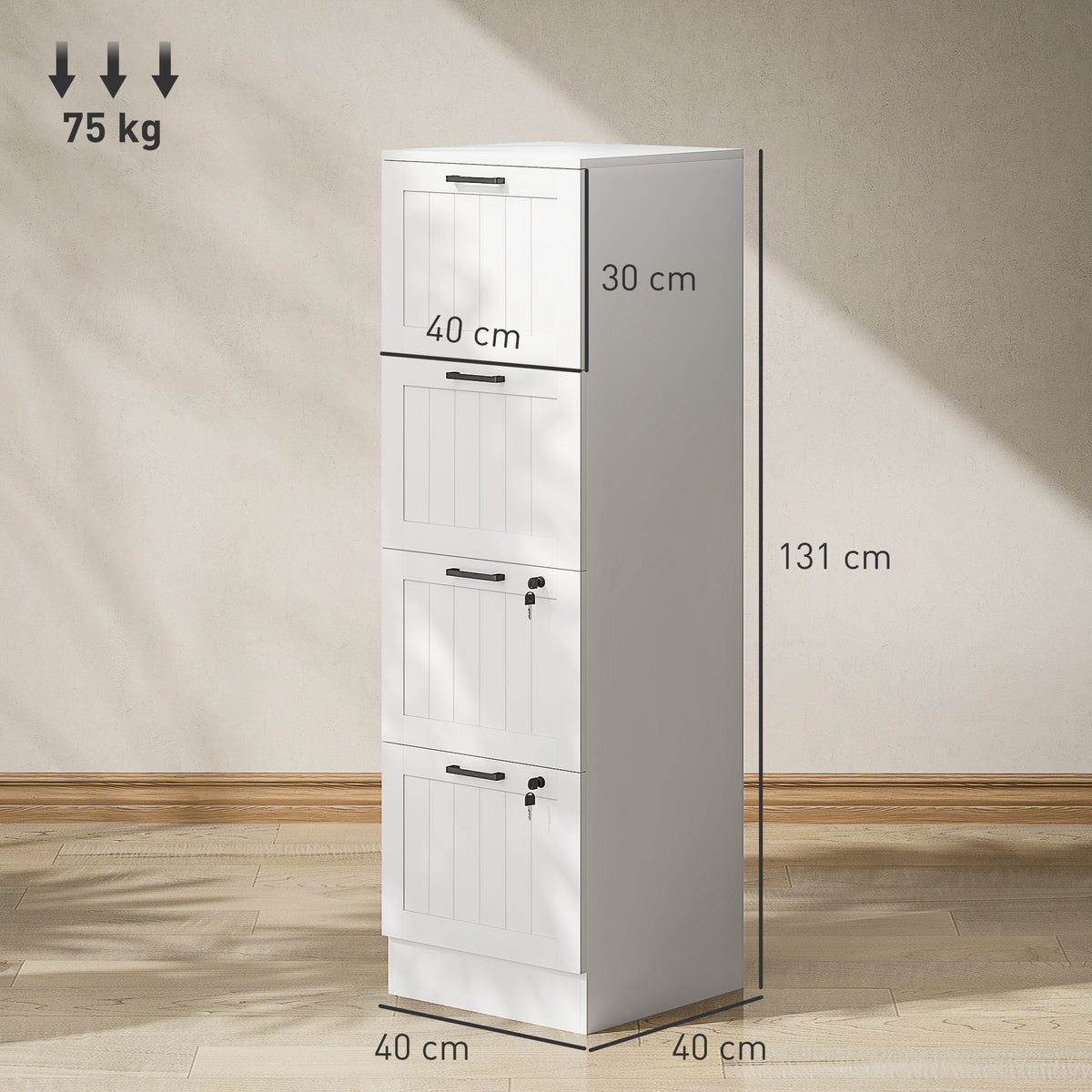 Bloco de Gavetas para Escritório Móvel Arquivador com 4 Gavetas para Escritório com Fechaduras Gavetas Suspensas para A4 40x40x131 cm Branco — foto 3