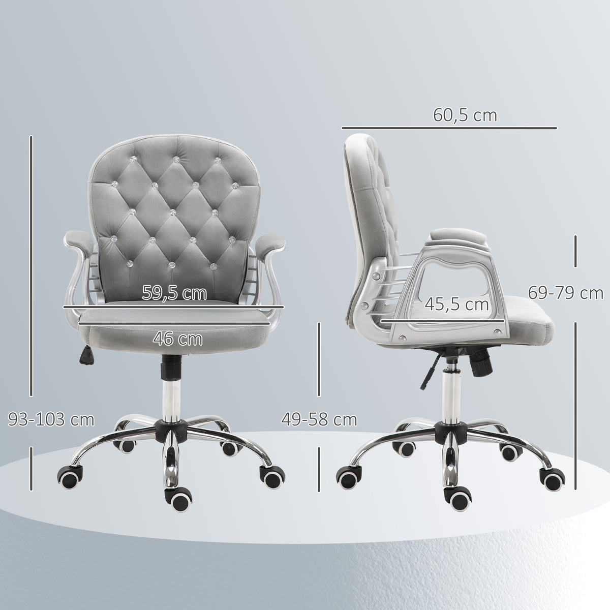 Cadeira de Escritório Estofada em Veludo Cadeira Giratória com Altura Ajustável Apoio para os Braços e Decorações de Cristal Carga 120 kg Cadeira para Estudio Dormitório 59,5x60,5x95-105 cm Cinzenta — foto 3
