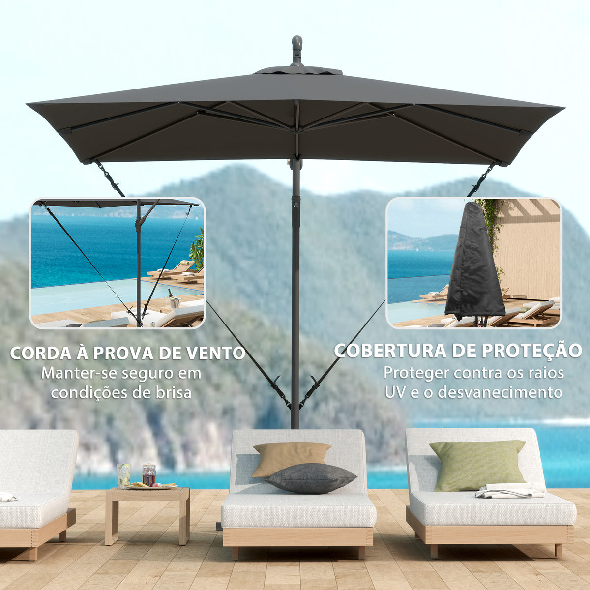 Chapéu de Sol Excêntrico 247x247 cm Chapéu de Sol de Jardim com Base Cruzada Capa Ajustável Manivela Capa Protetora e Corda de Vento Anti-UV 50+ Chapéu de Sol para Varanda Cinza Escuro — foto 4
