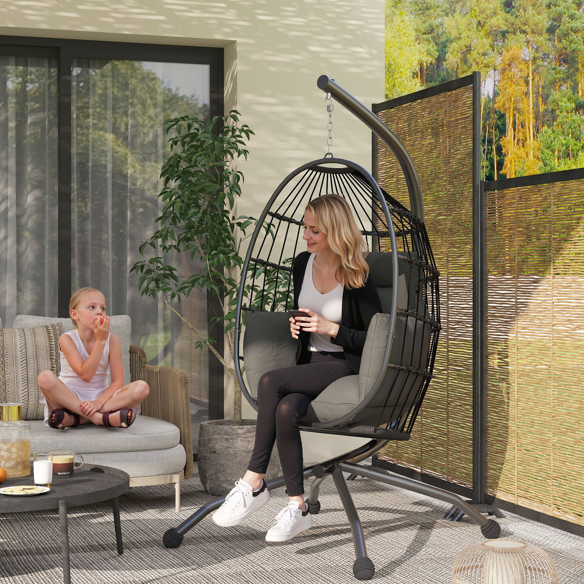 Cadeira Suspensa com Suporte Cadeira Baloiço de Jardim com Cesto Dobrável Almofada e Apoio para a Cabeça Cadeirão Suspenso para Interior e Exterior Carga 120 kg 120x88x192 cm Preto — foto 2