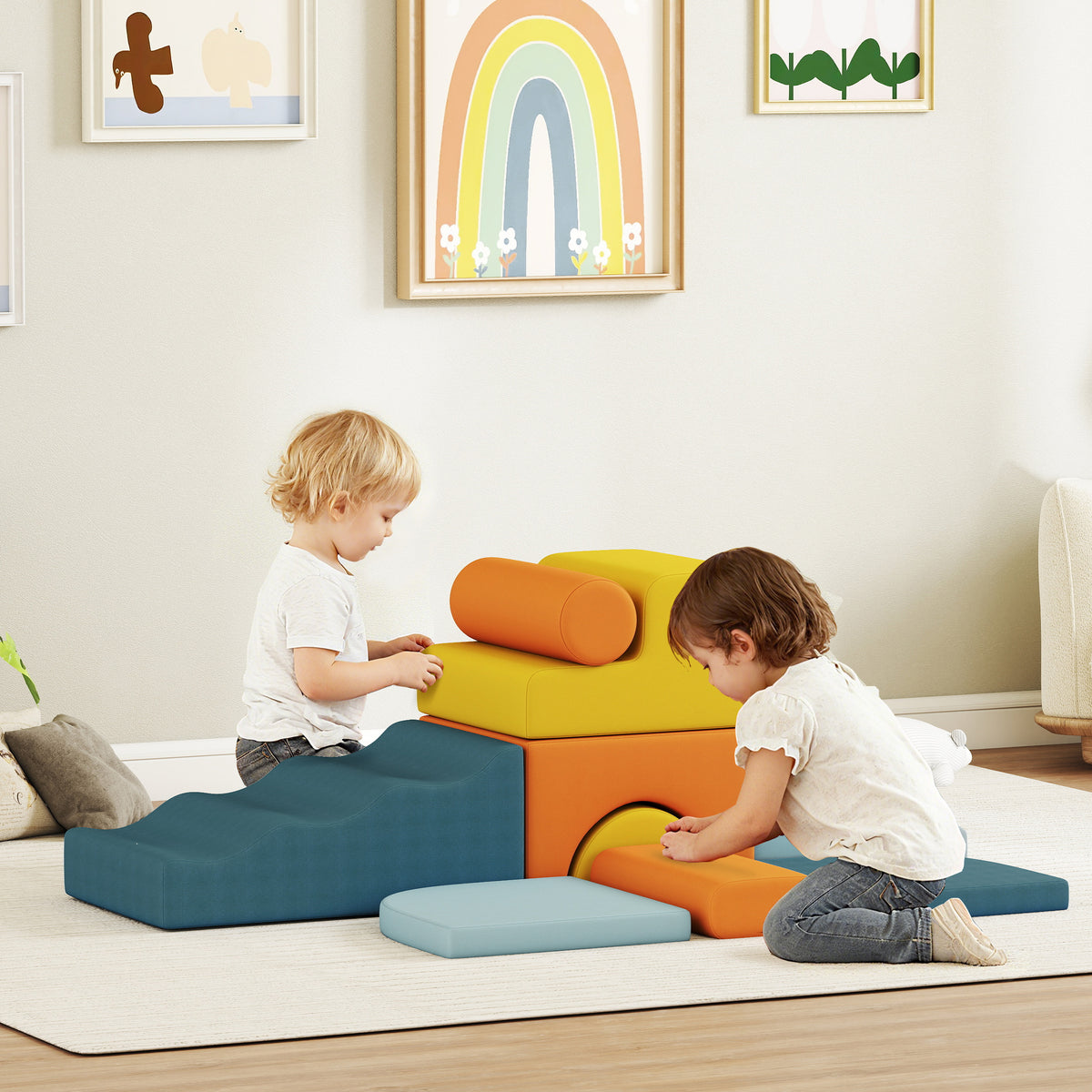 Conjunto de 9 Blocos de Espuma para Crianças Blocos de Psicomotricidade com Capas de Veludo Laváveis Conjunto de Escalada para Interior para Escalar e Rastejar Multicor — foto 2