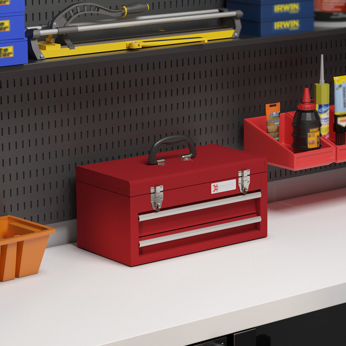 Caixa de Ferramentas de Aço com 2 Gavetas Tampa Abatível e Fechaduras Metálicas Mala de Ferramentas Portátil para Oficina Bricolage Casa 46x24x22 cm Vermelho — foto 2