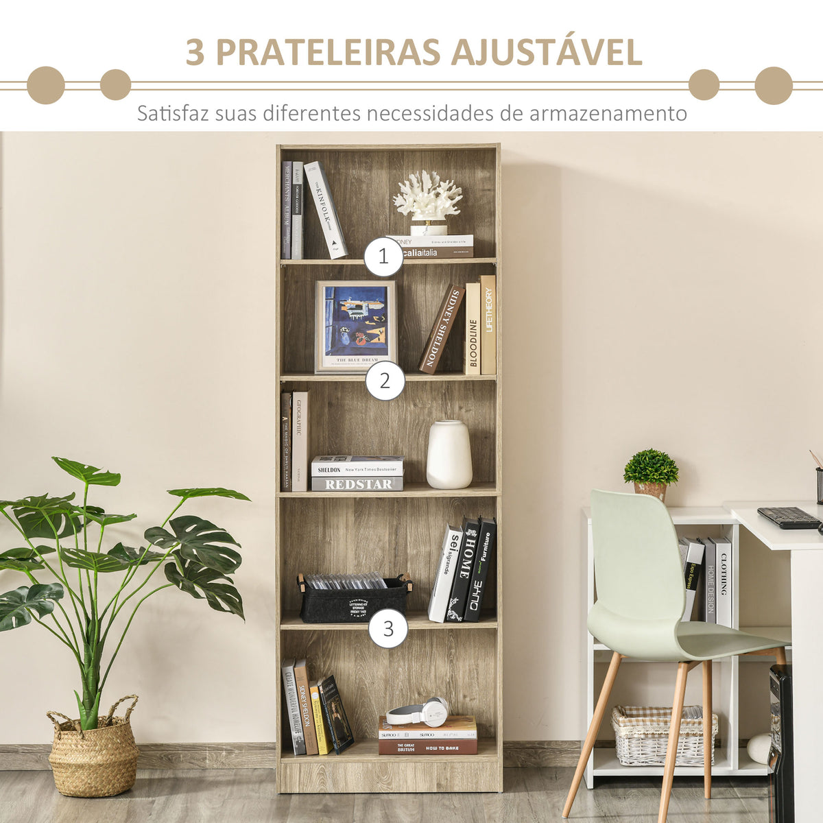 Estante para Livros de 5 Níveis com Prateleira Ajustável e Desenho Anti-Tombo Estante de Armazenamento para Sala de Estar Estúdio Escritório 63x29,5x176 cm Madeira — foto 4