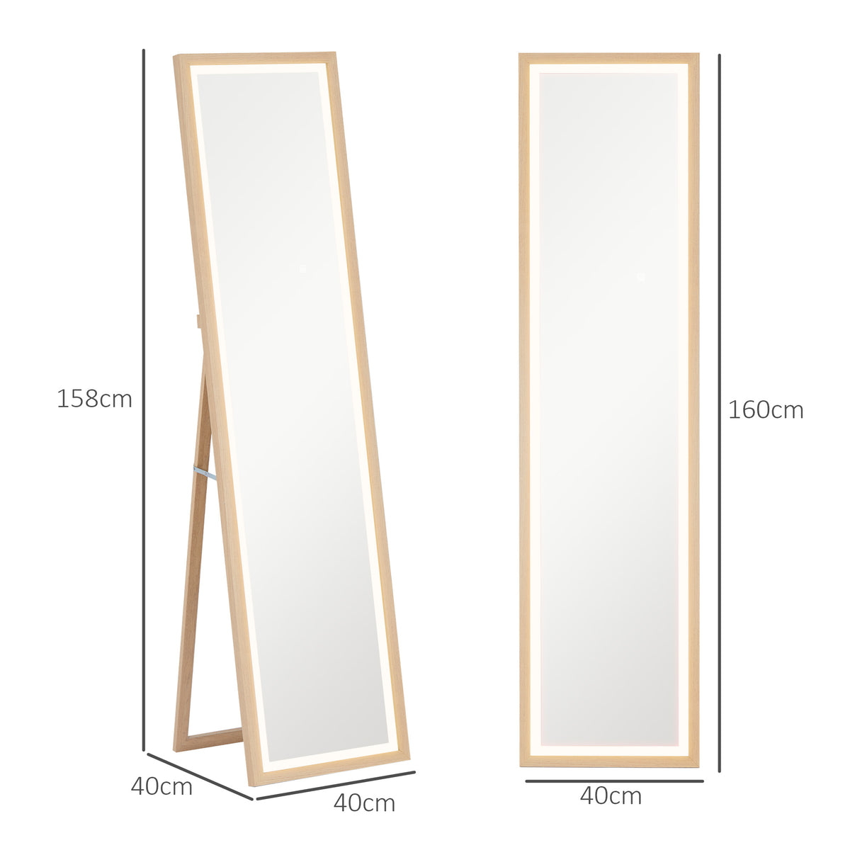 Espelho de Pé com Luz LED 40x160 cm Espelho de Corpo Inteiro com Iluminação de 3 Cores Tátil Função de Memória e Suporte para Sala de Estar Dormitório Madeira — foto 3