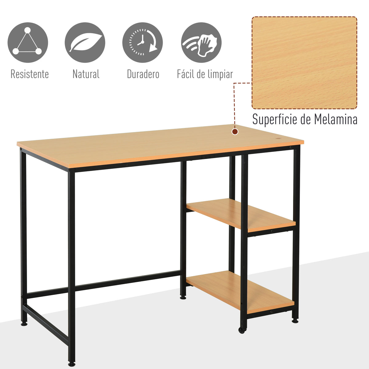 Mesa de computador para escritorio estudo com prateleiras de 2 andares Superfície grande Pernas com protetores ajustáveis Anti-derrapante 106x50x76 cm Cor Madeira — foto 5