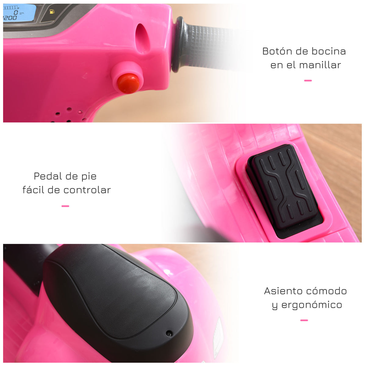Mota elétrica para crianças com licença acima de 18 meses com faróis buzina e 4 rodas licenciadas 66,5x38x52 cm Rosa — foto 7