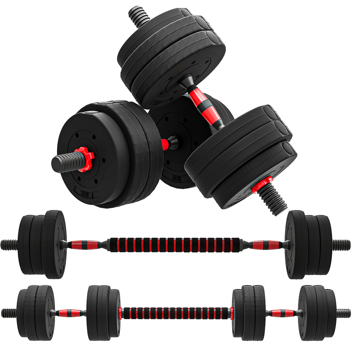 Conjunto de halteres 2 em 1 25 kg com barra ajustável Treinamento de força e levantamento de peso para ginasio preto — foto 1