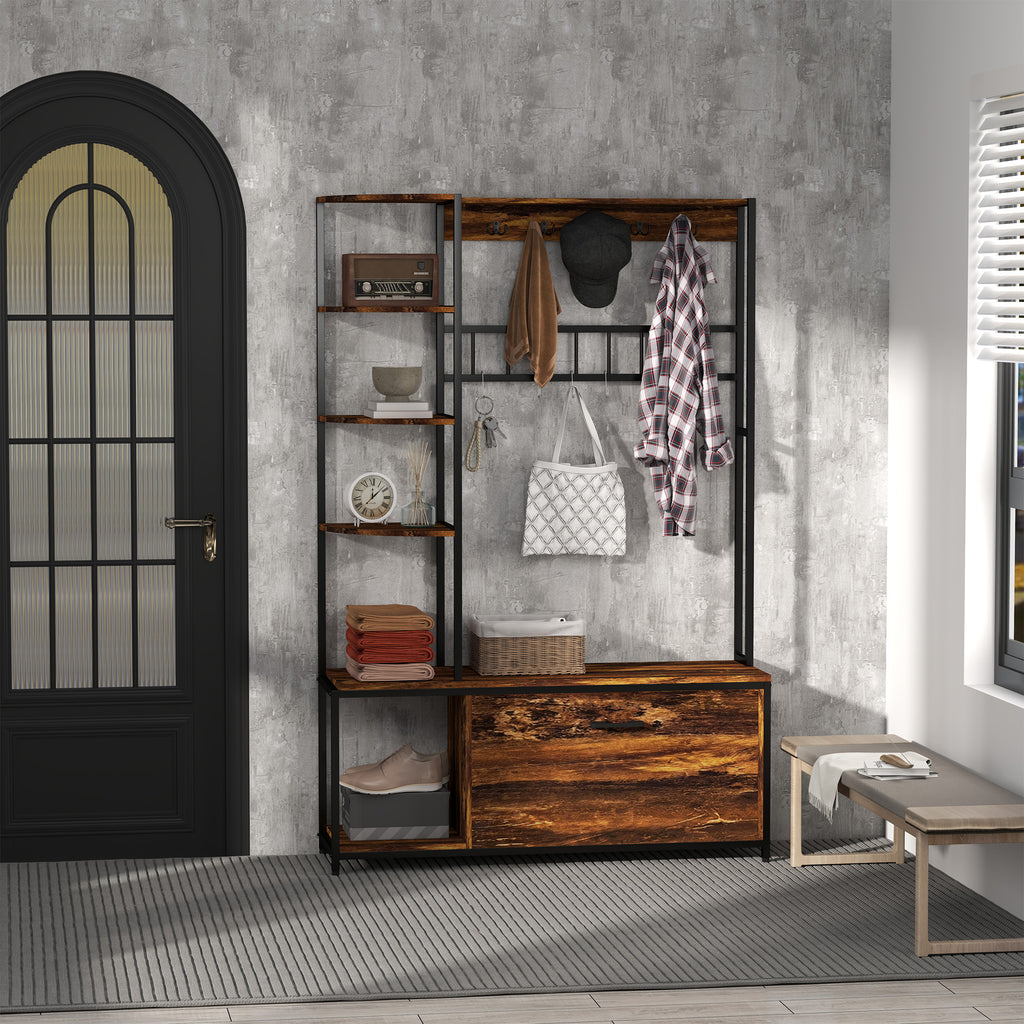 Móvel Cabide de Entrada com Sapateira Móvel de Entrada 4 em 1 com Banco Sapateira Prateleiras Ganchos Compartimento e Sistema Anti-Tombo para Corredor Dormitório 120x35x180 cm Marrom Escuro — foto 2