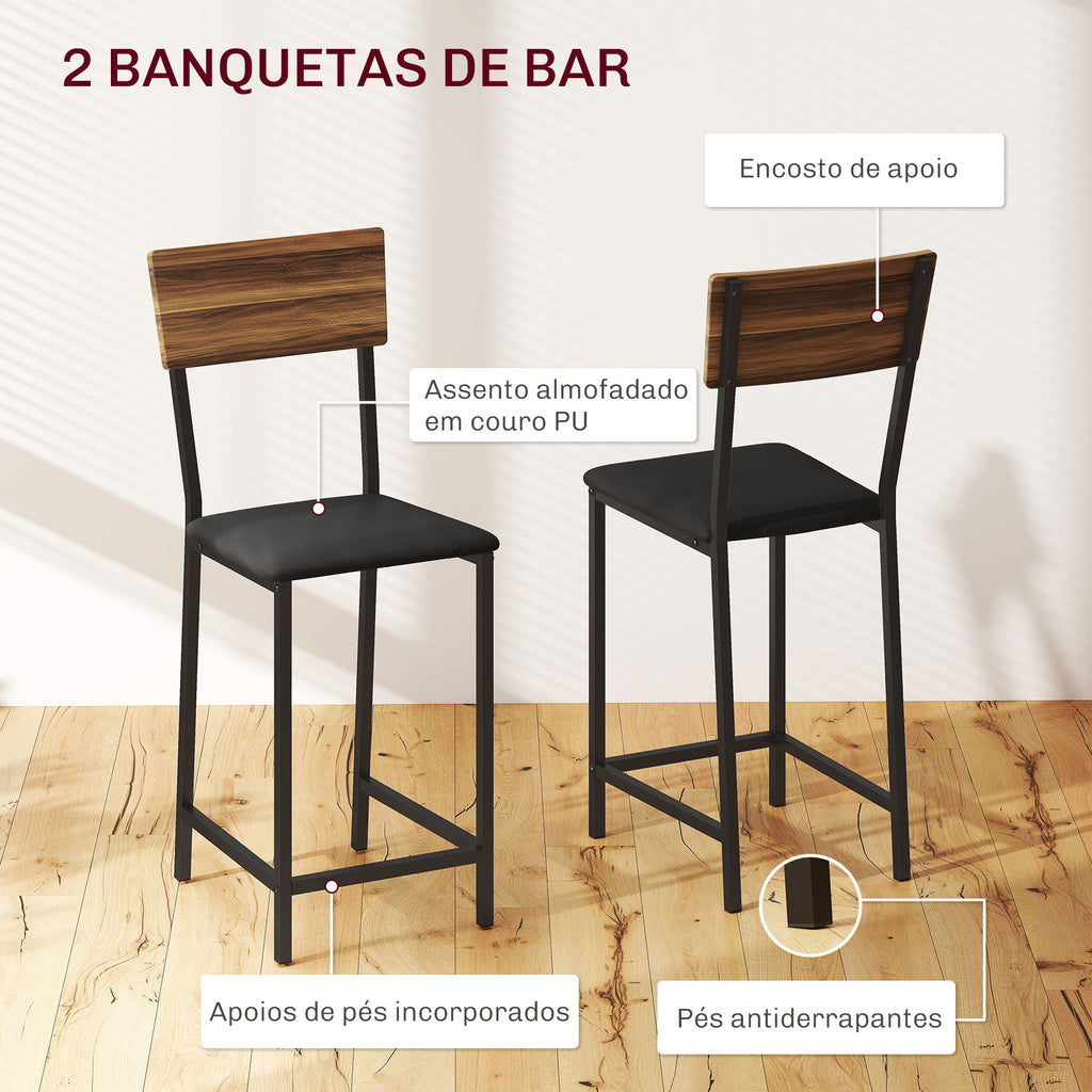 Conjunto de Mesa e Bancos de Bar Mesa Alta de Cozinha com 2 Bancos Laterais Rebatíveis Suporte para Vinhos e Prateleiras Estilo Industrial Castanho e Preto — foto 6
