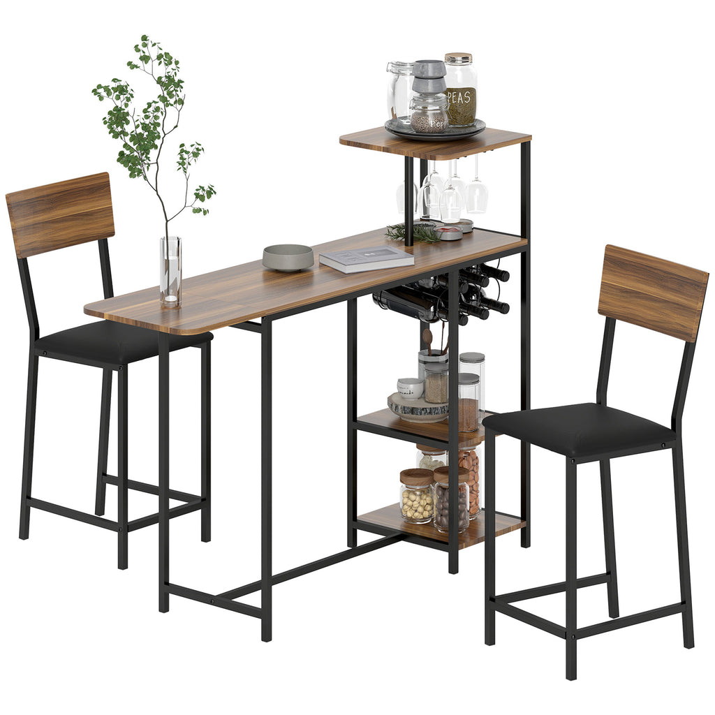 Conjunto de Mesa e Bancos de Bar Mesa Alta de Cozinha com 2 Bancos Laterais Rebatíveis Suporte para Vinhos e Prateleiras Estilo Industrial Castanho e Preto — foto 1