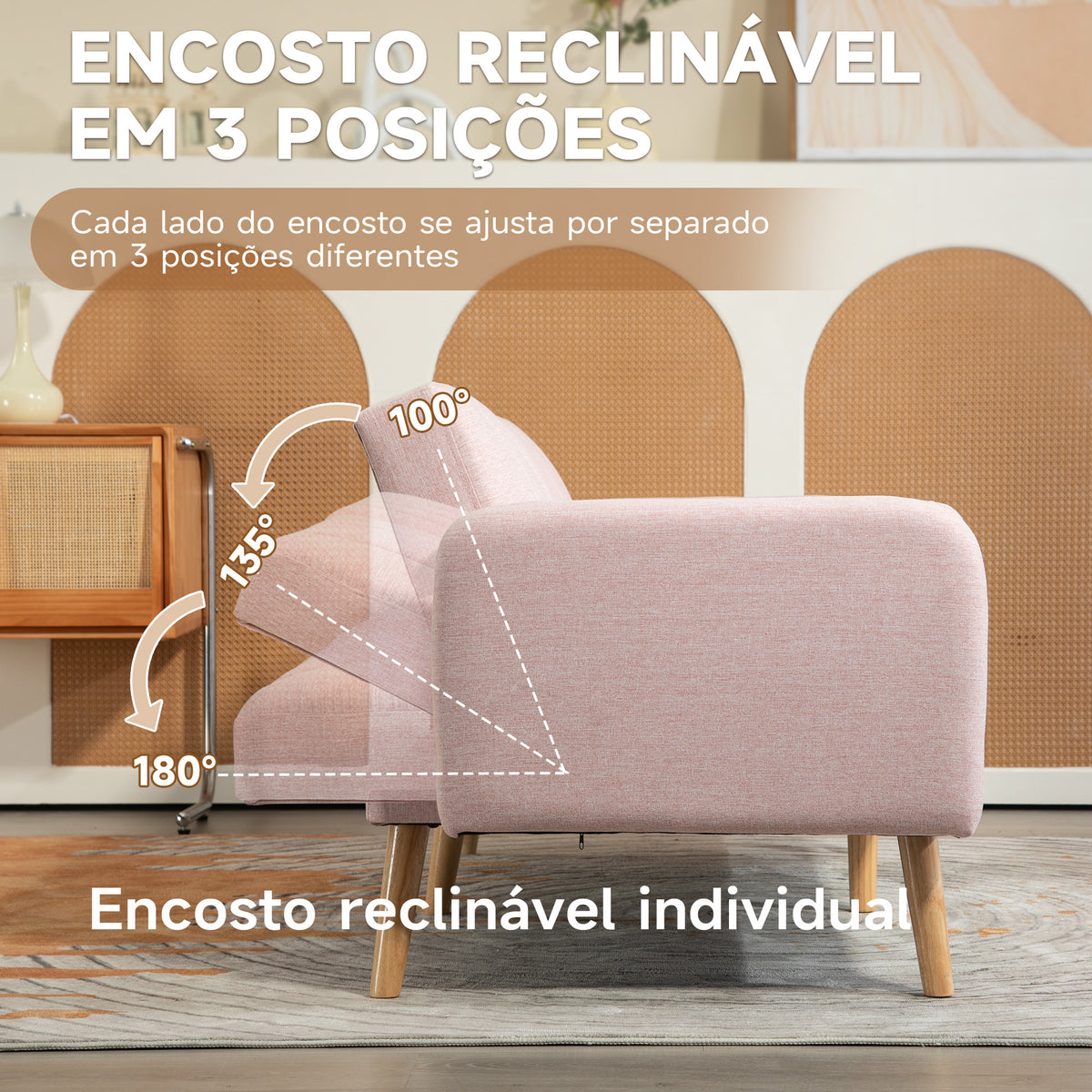 Sofá Cama de 2 Lugares com Encosto Ajustável em 3 Posições Apoio para os Braços Desmontável e Pés de Madeira Sofá Duplo Moderno para Sala de Estar Escritório 173x75x73 cm Rosa — foto 5