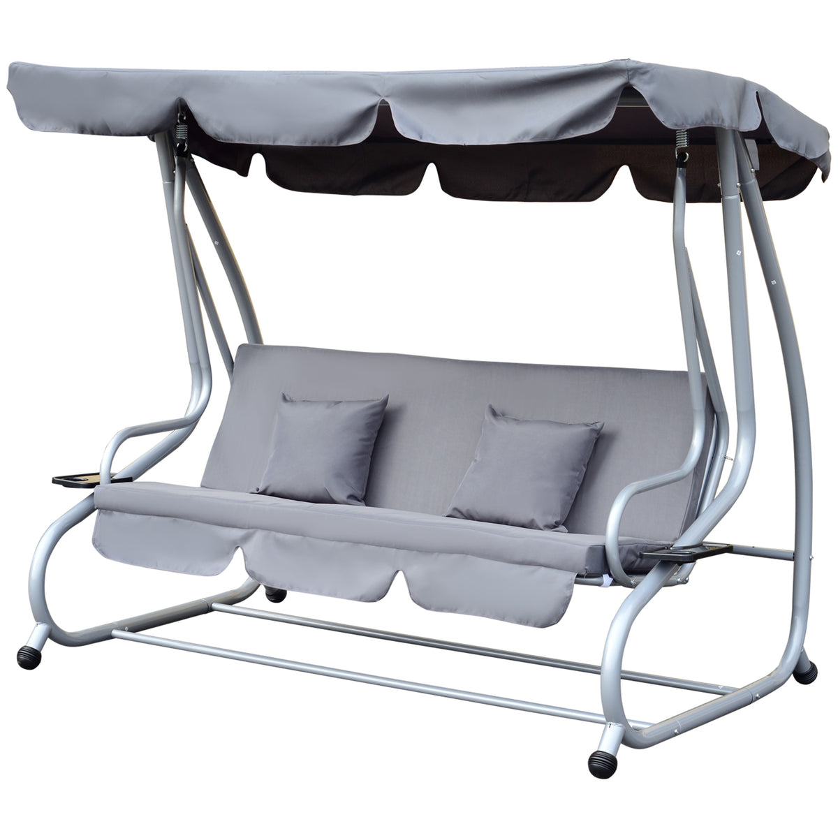 Banco Baloiço Jardim 3 Lugares Convertível em Cama com Teto Ajustável e Bandeja para Bebidas para Varanda Jardim Exterior Carga Máxima 340 kg 200x120x164 cm Cinza — foto 1
