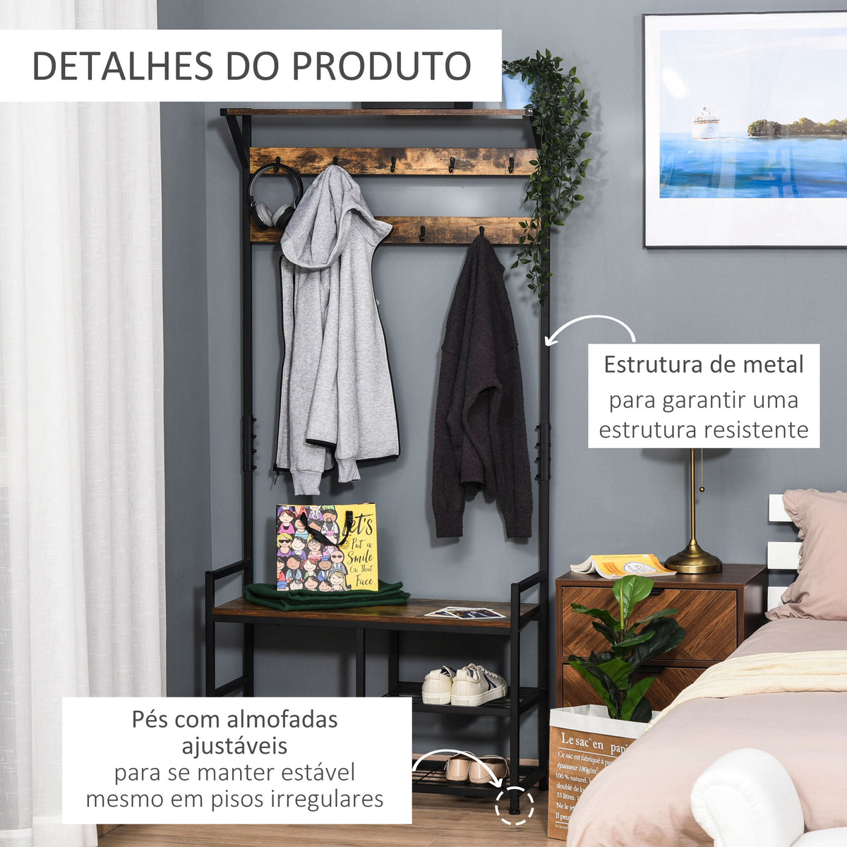 Móvel Cabide de Entrada com 3 Prateleiras 9 Ganchos Armário de Entrada com Cabides de Estilo Industrial 84x34,5x180cm Marrom e Preto — foto 7