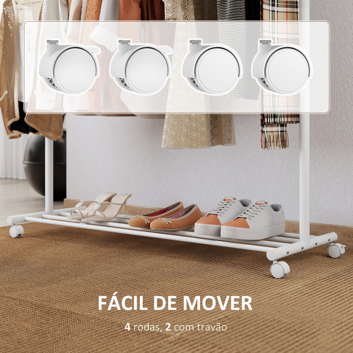 Charriot com Rodas Charriot com 5 Ganchos Barra para Pendurar e Prateleira Inferior Charriot para Dormitório Lavandaria 120x43x171 cm Branco — foto 5