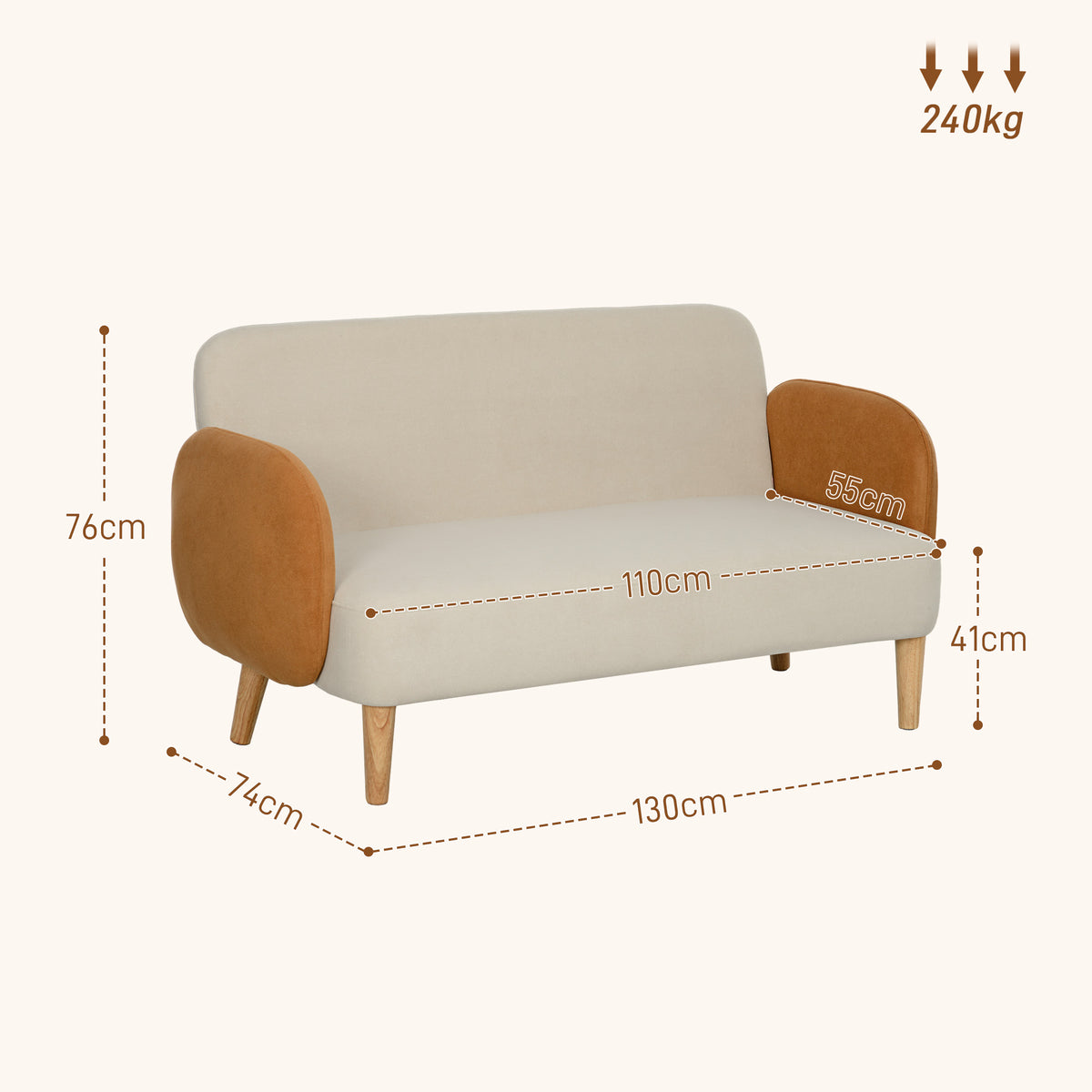 Sofá de 2 Lugares Estofado em Veludo Sofá de Sala de Estar com Apoio para os Braços e Pés de Madeira Sofá Pequeno Carga 240 kg para Dormitório Escritório 130x74x76 cm Bege e Ocre — foto 3