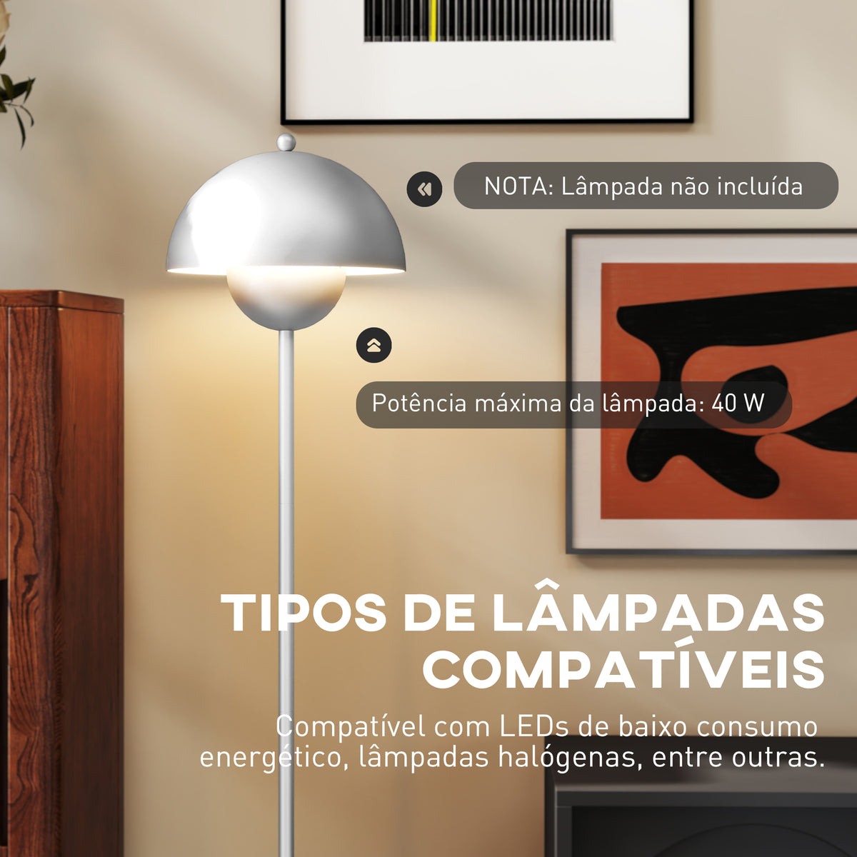 Candeeiro de Pé Moderno 155 cm Candeeiro de Pé para Sala com Ecrã em Forma de Taça Refletora de Luz Interruptor de Pé Suporte E27 sem Lâmpada para Quarto Escritório Sala de Estar Ø35x155 cm Prata — foto 7