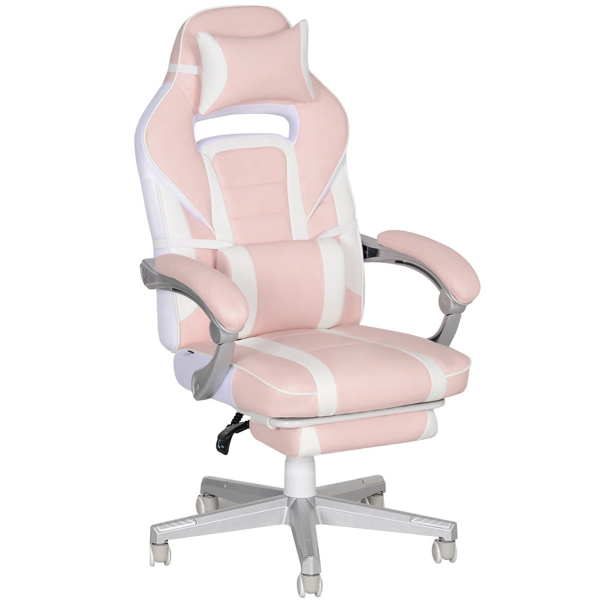 Cadeira Gaming Reclinável com Altura Ajustável, Apoio para os Pés Retrátil, Suporte Lombar e Almofada de Cabeça Removível, para Escritório, Estudo, Rosa — foto 1