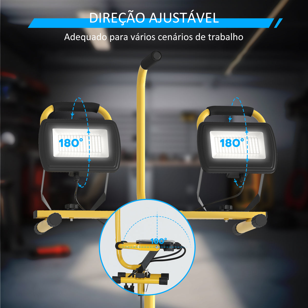 Projetor LED Duplo Recarregável de Alumínio com Tripé Dobrável 8500 Lúmenes IP65 6500K e Cabeças Ajustáveis para Trabalho Interior e Exterior Amarelo e Preto — foto 4