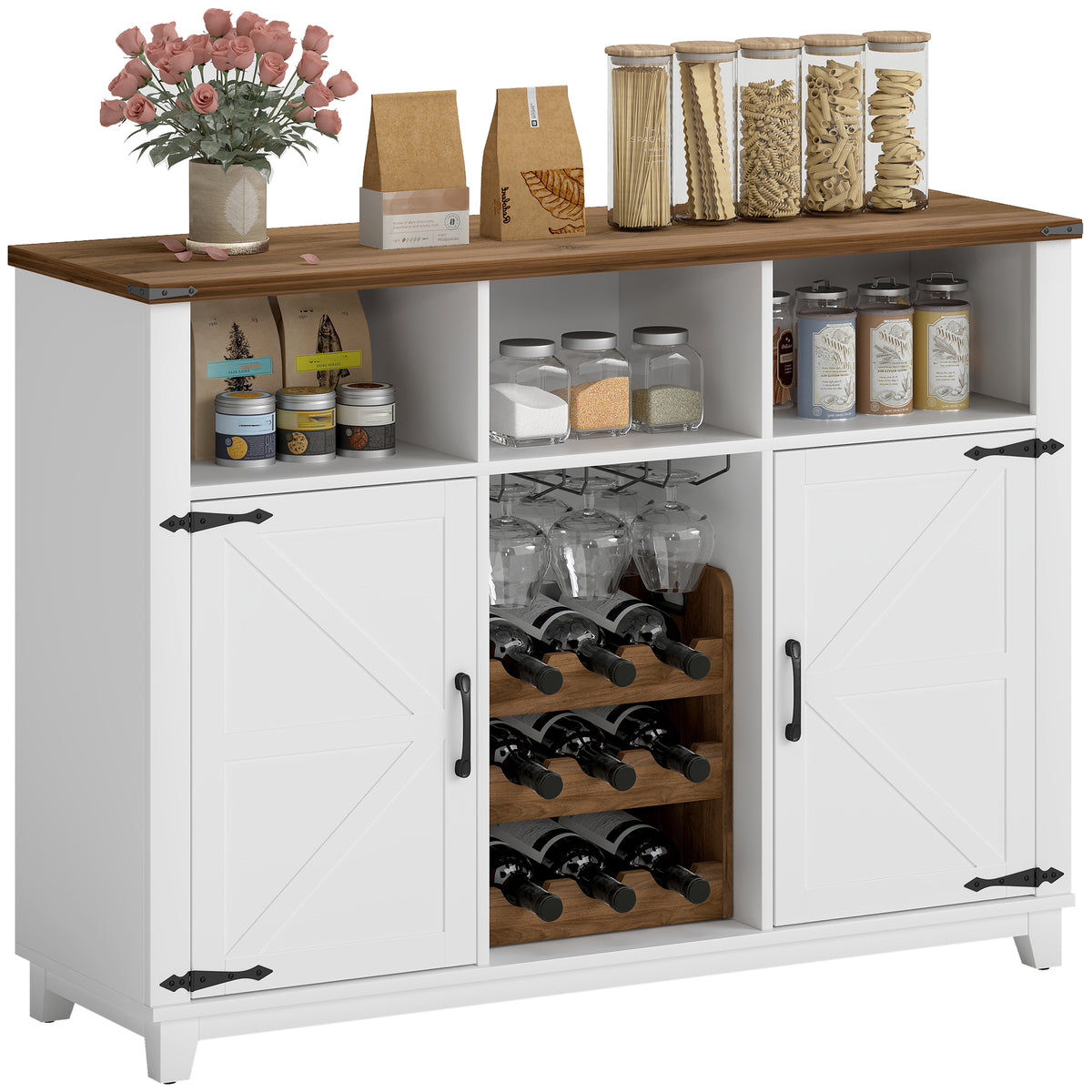 Aparador de Cozinha com Suporte para Garrafas Aparador com 2 Portas de Celeiro Prateleiras Ajustáveis e Suporte para Copos para 9 Garrafas Buffet Auxiliar de Cozinha 120x37x88 cm Branco — foto 1