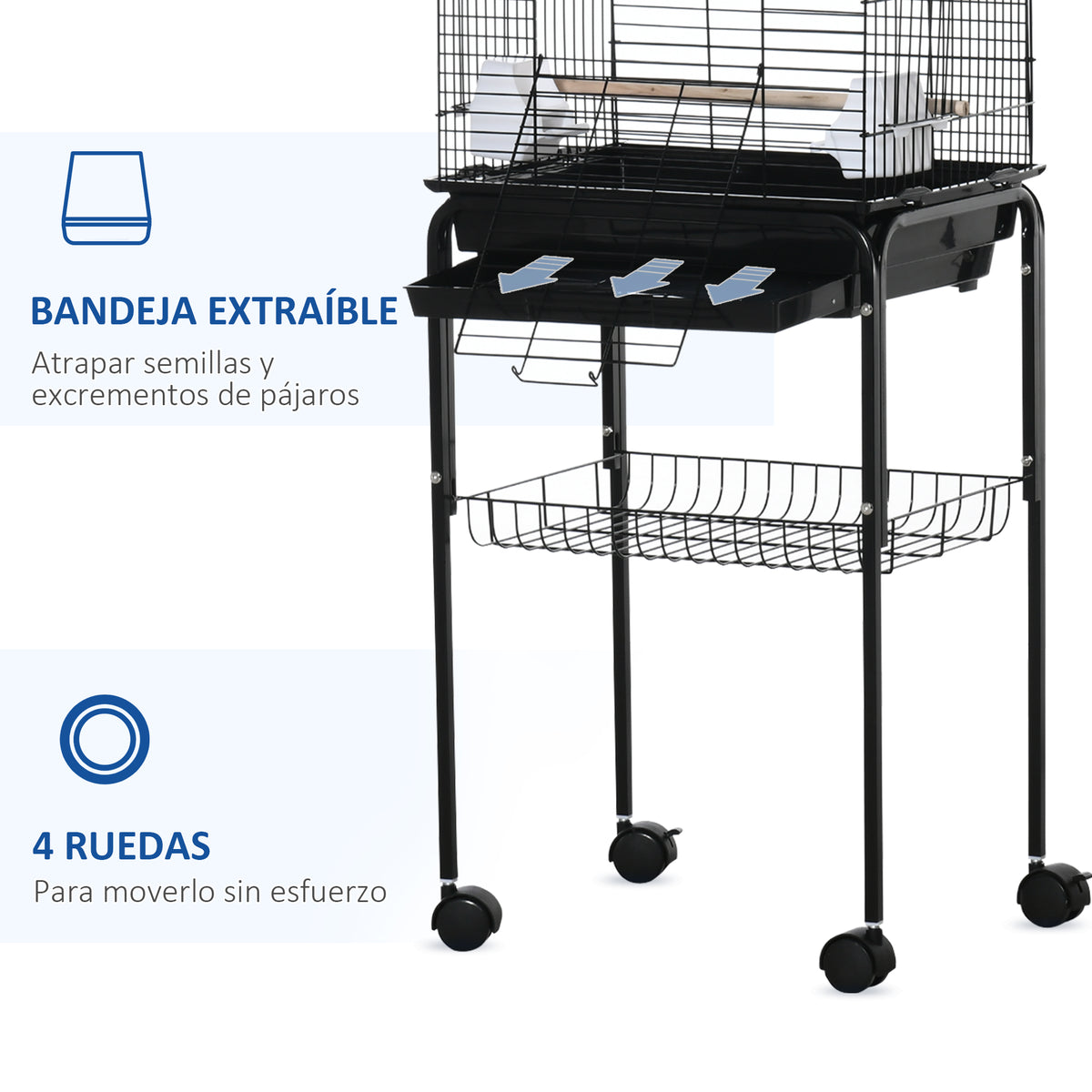 Gaiola para Passáros com Suporte Gaiola com 4 Rodas Teto com Abertura 2 Comedouros 3 Poleiros Bandeja Removível e Prateleira Inferior 46x36x130cm Preto — foto 6