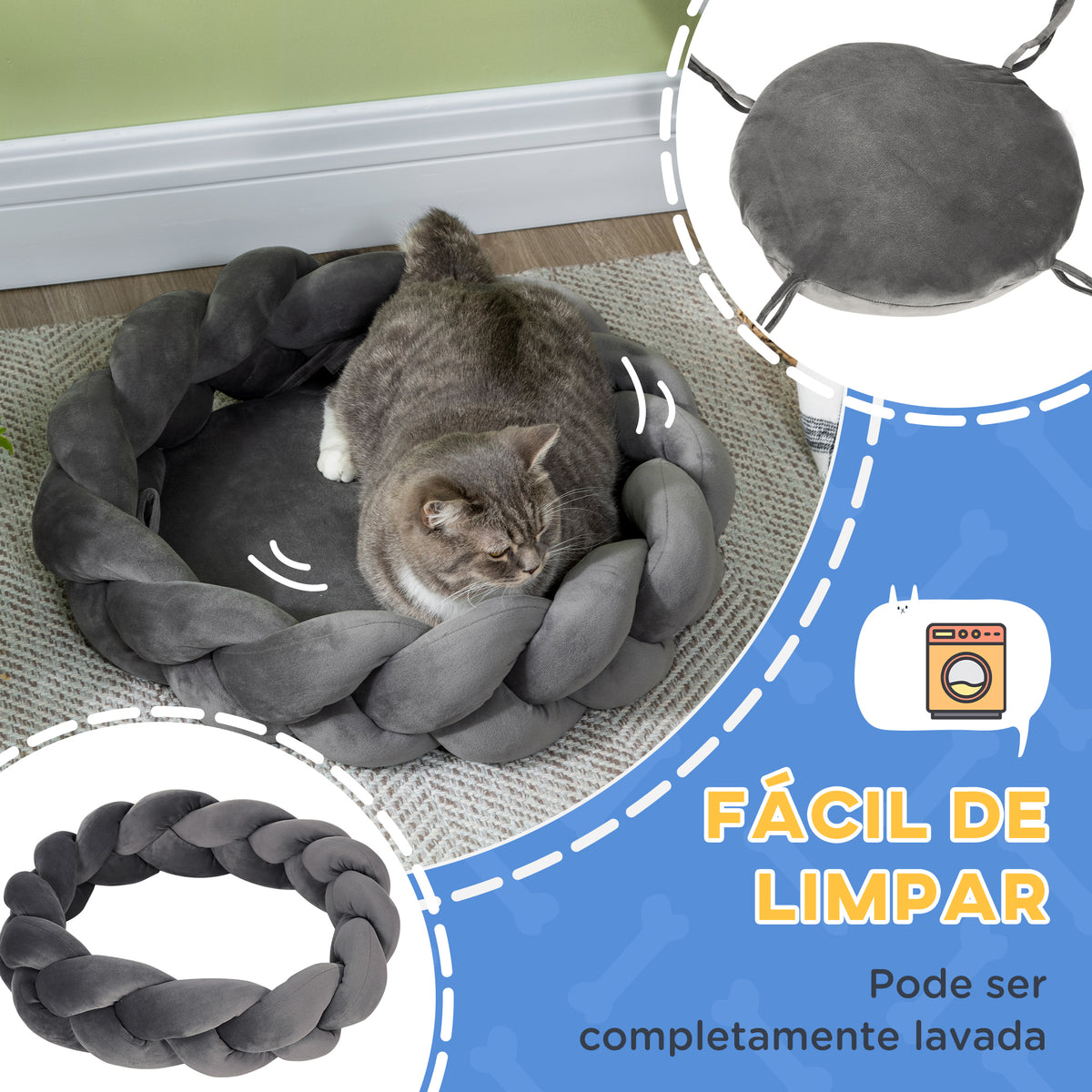 Cama para Cães Pequenos Cama para Gatos Lavável Cama para Animais de Estimação Redonda com Almofada Independente e Corda de Algodão 55x55x14 cm Cinza — foto 5