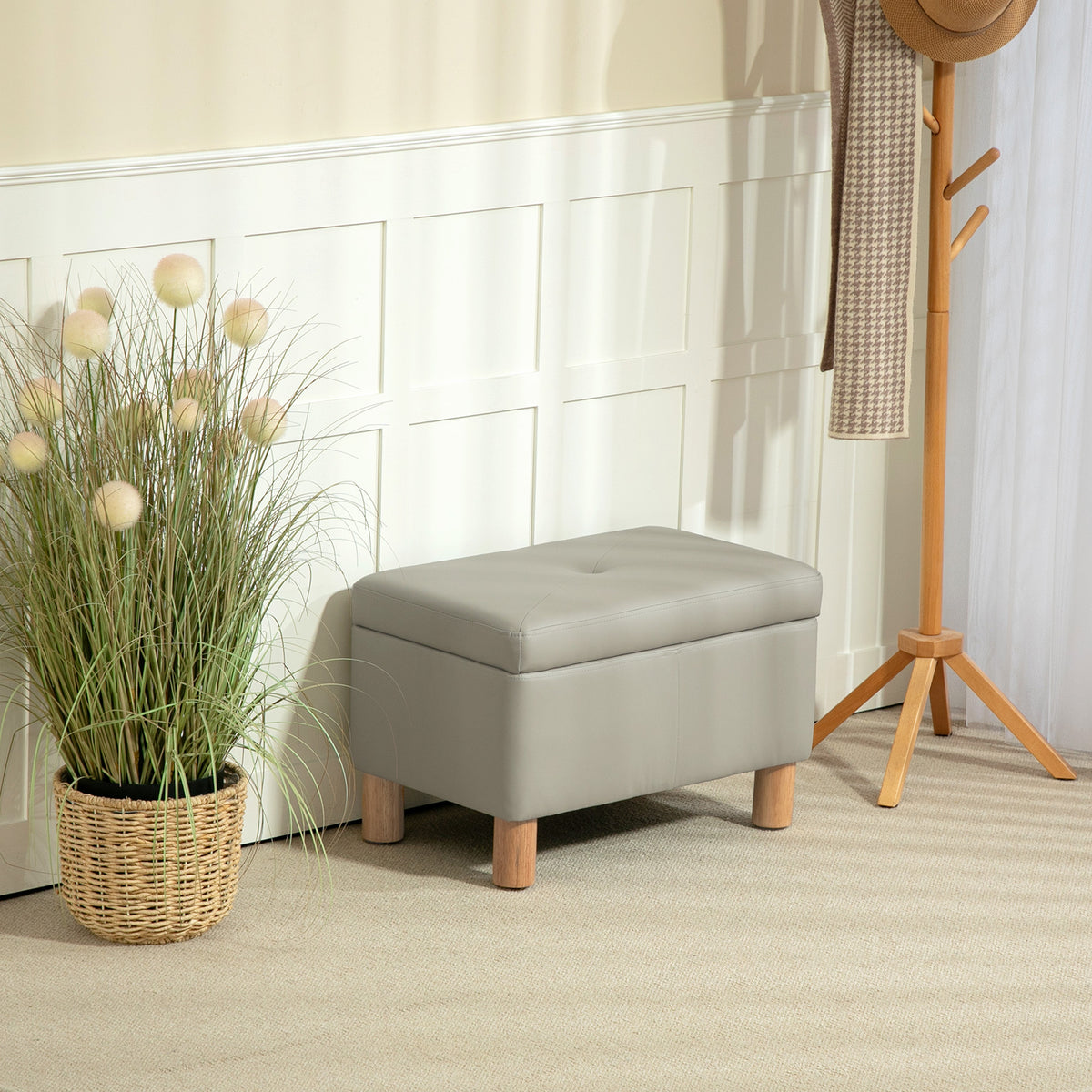 Baú de Armazenamento para Dormitório 33L Puff de Armazenamento Estofado em PU Banco de Arrumação com Pés de Madeira para Corredor Sala de Estar 60x38x40 cm Cinza Claro — foto 2