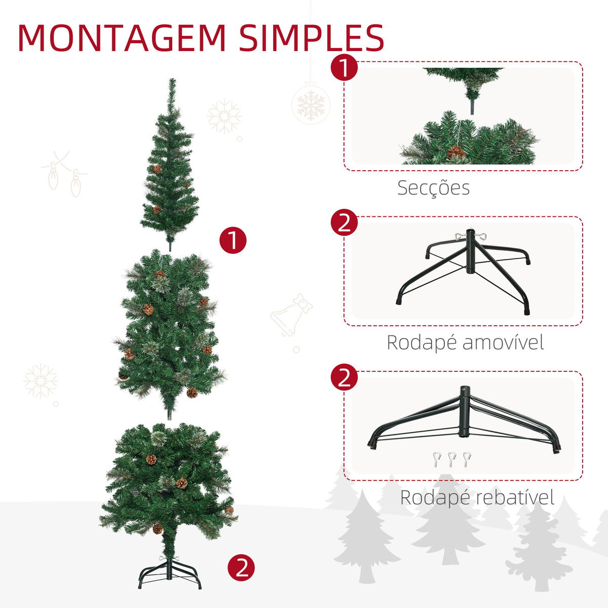Árvore de Natal Artificial 195 cm Árvore de Natal com 556 Ramos Árvore de Natal Estreita Slim com 25 Pinhas Base Dobrável Ø54x195 cm Verde — foto 8