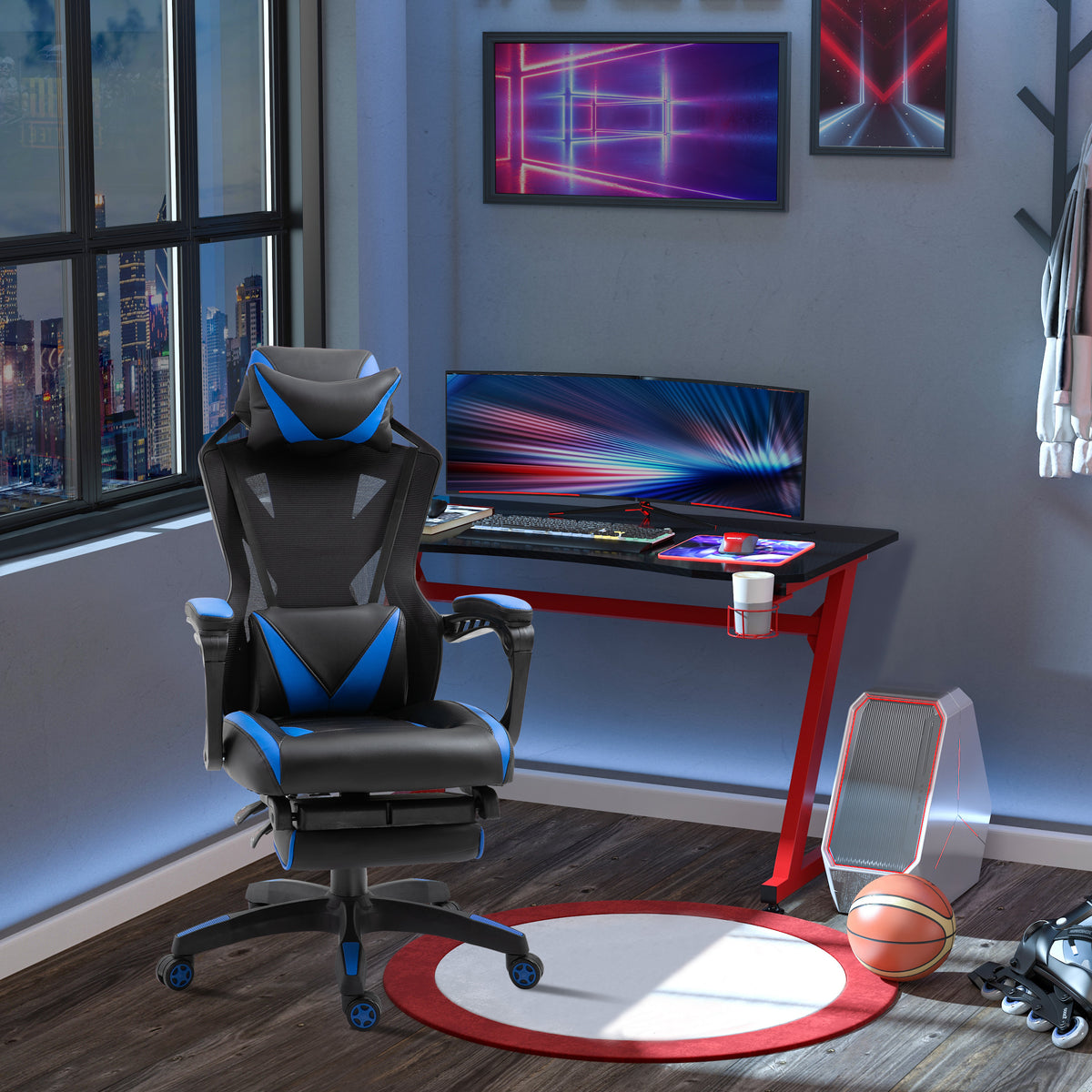 Cadeira Gaming Ergonómica Cadeira Gaming para Escritório com Altura Ajustável Encosto Regulável Almofada Lombar Apoio para os Pés Retráteis 65x70x117-125cm Azul — foto 2