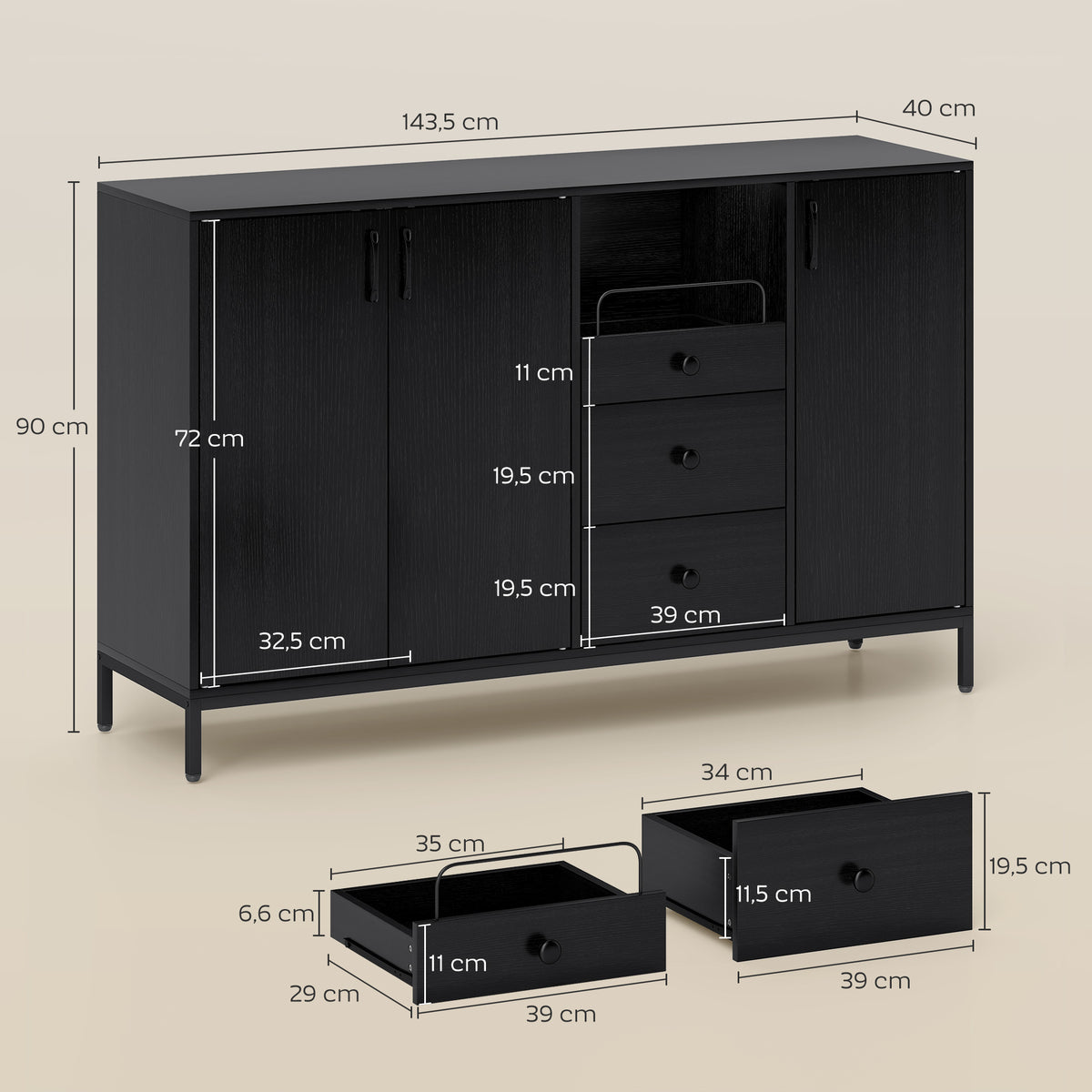 Aparador com 3 Portas e 3 Gavetas Prateleiras Ajustáveis para Cozinha Entrada Sala de Jantar Quarto 143,5x40x90 cm Preto — foto 3