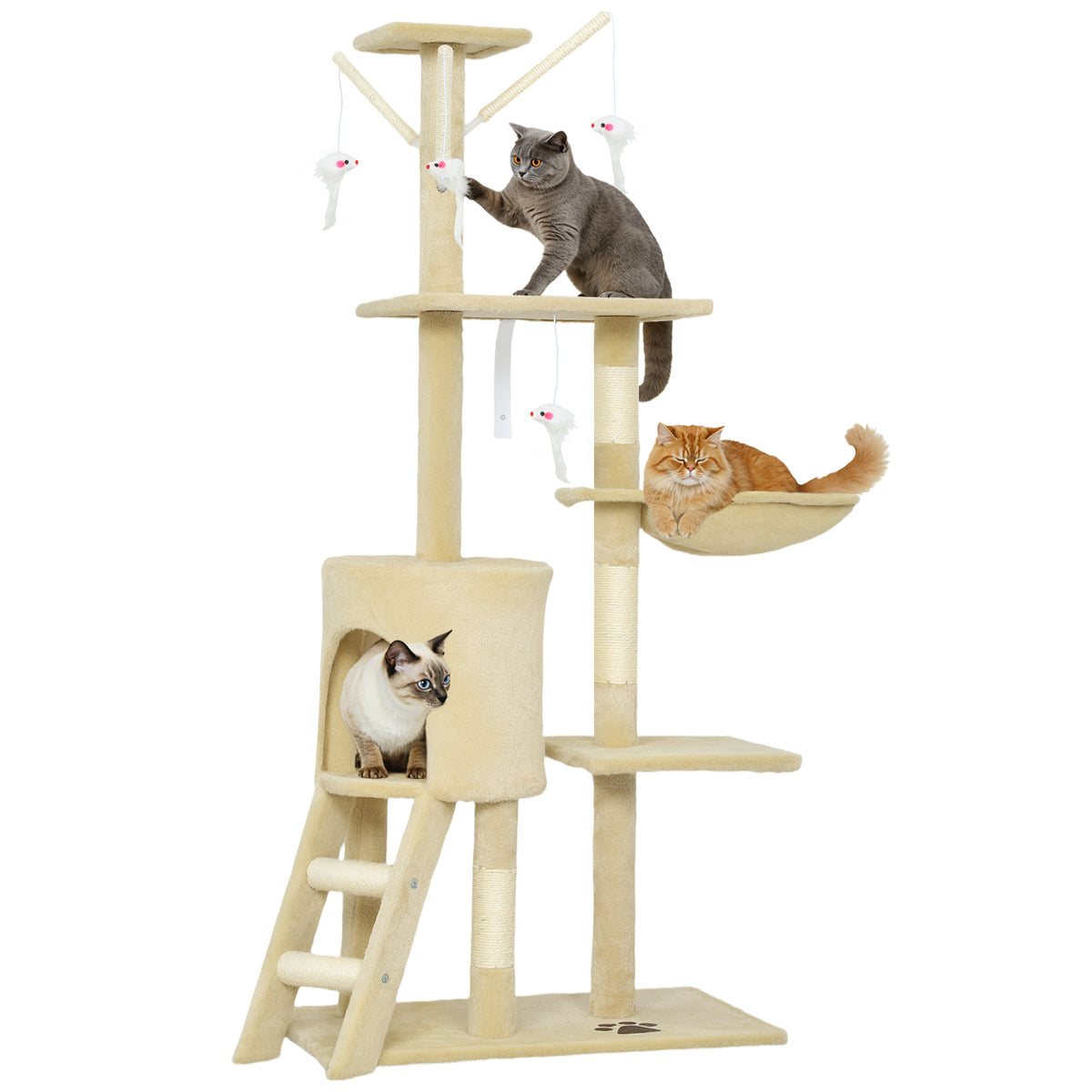 Arranhador para Gatos de 134,2 cm Torre para Gatos com Caverna Plataformas Rato de Brinquedo Rede e Postes de Sisal 50x35x134,2 cm Bege — foto 1