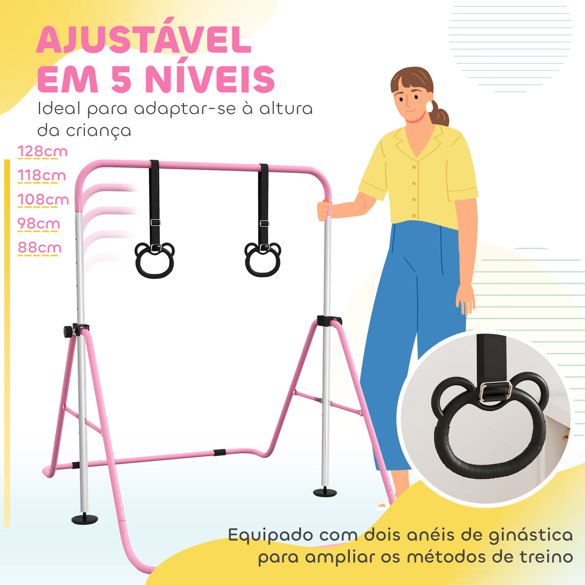 Barra de Ginástica para Crianças com Altura Ajustável em 5 Níveis e Anéis Barra de Treino de Ginástica Dobrável 148x105x88-128 cm Rosa — foto 4