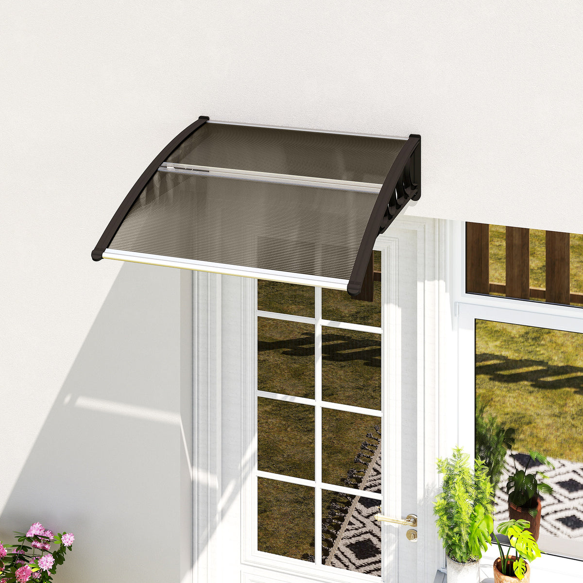 Marquise para Portas e Janelas 103x96,5x27 cm Marquise com Proteção para Sol e Chuva com Painéis de Policarbonato Preto e Marrom — foto 2