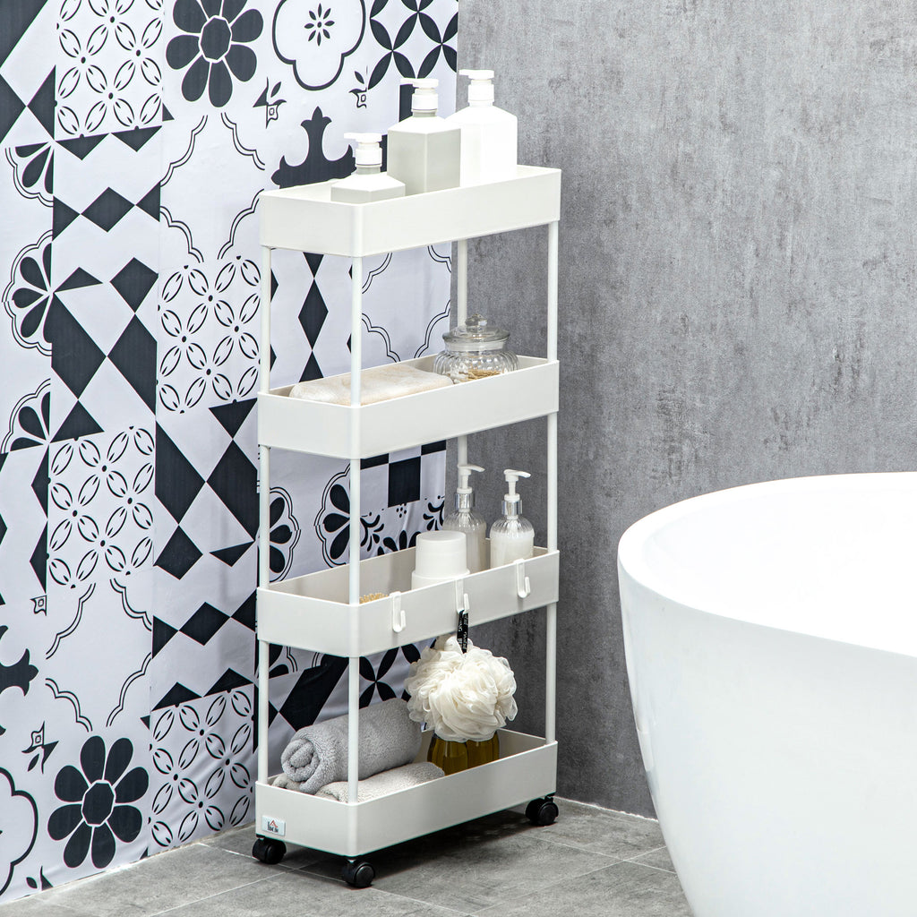 Carrinho Auxiliar com Rodas Carrinho de Armazenamento com 4 Cestas e 4 Ganchos Amovíveis para Cozinha Casa de Banho Sala de Estar 40x19x90 cm Branco — foto 2