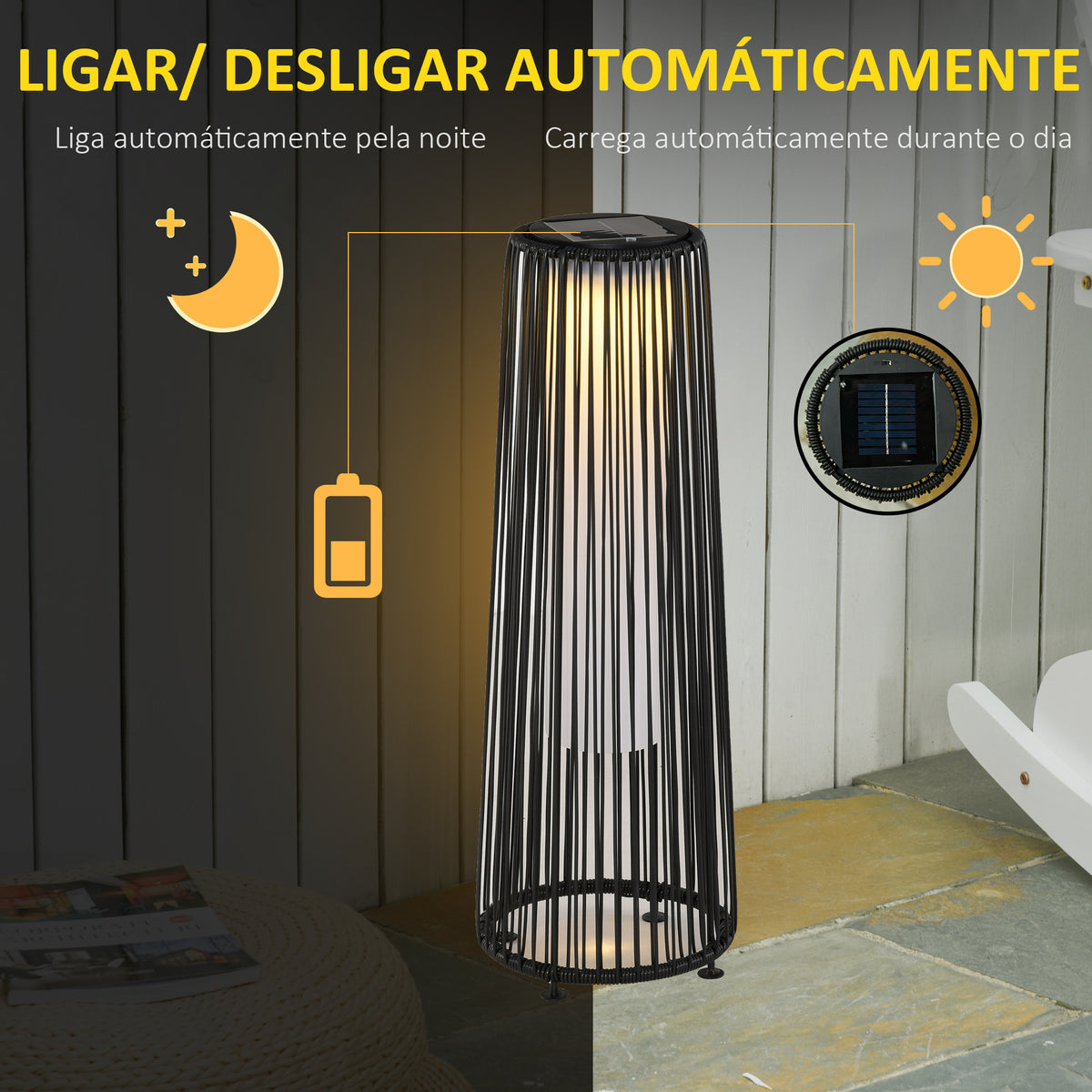 Candeeiro Solar de Vime de Energia Solar com LED 1,5 W Interruptor de Controle Automático de Luz Decoração Exterior Ø21,5x61cm Preto — foto 5