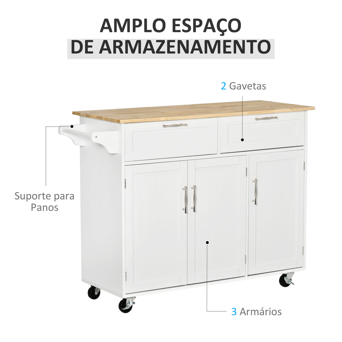 Carrinho de Cozinha com Rodas Carrinho de Cozinha Multiuso com 2 Gavetas 3 Portas Prateleiras Ajustáveis e Barra para Sala de Jantar 121x46x91cm Branco e Madeira — foto 4