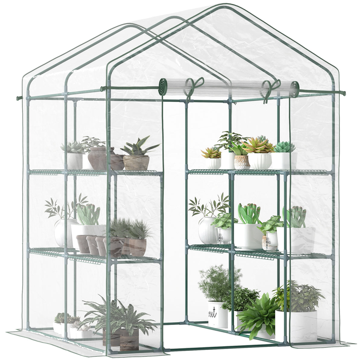 Estufa Transparente de Jardim Estufa de Plantas de 3 Níveis com Prateleiras Estrutura de Aço 143x143x195cm Transparente e Verde — foto 1