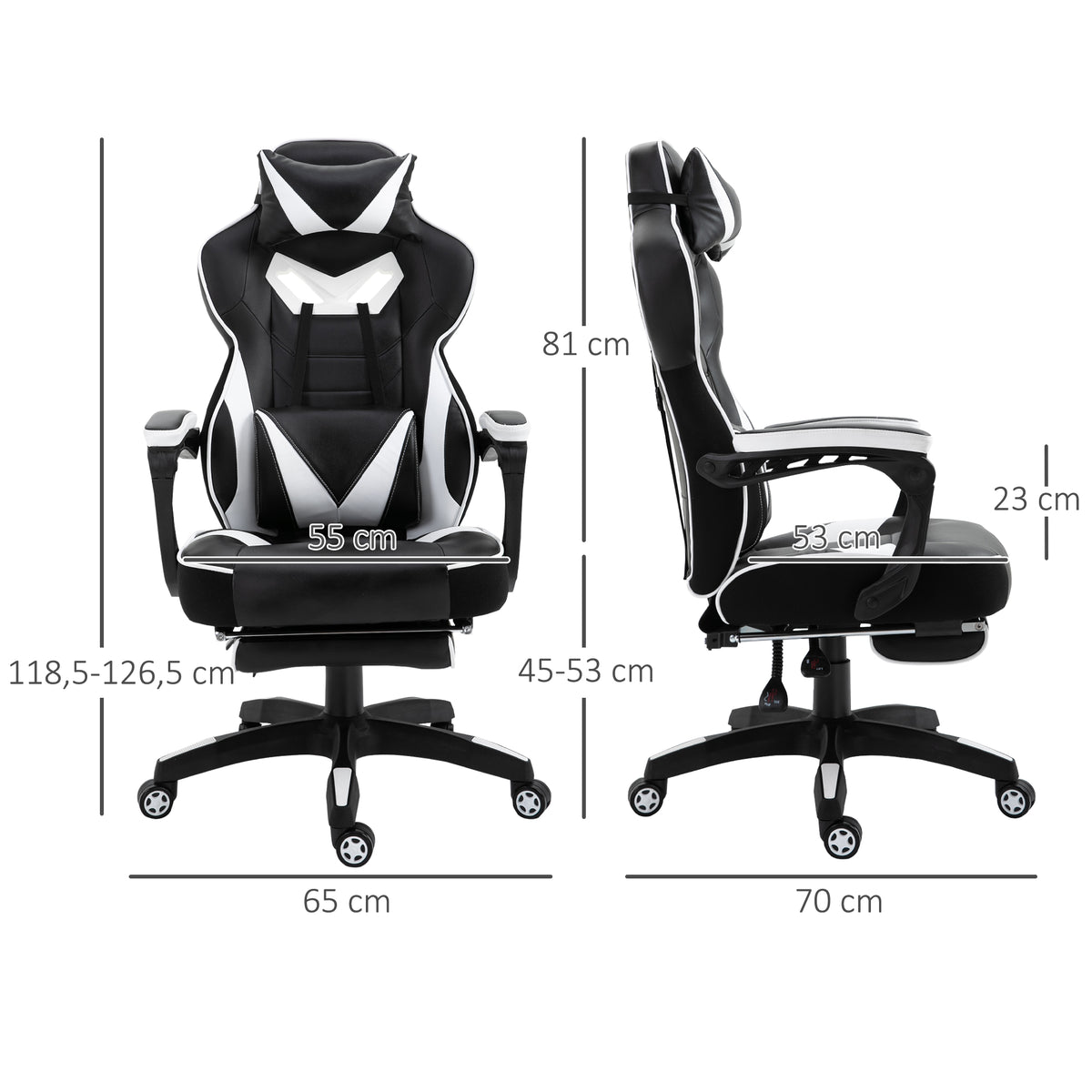 Cadeira de escritorio gaming ergonômica Altura ajustável Reclinável Encosto com apoio para pés Encosto de cabeça Almofada lombar Rodas 65x70x118,5-126,5 cm Branco e Preto — foto 3