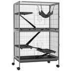 Gaiola para Roedores 80x52x128 cm Casa de 4 Alturas com Rampas Suspensa Rede Bandeja Removível Rodas Portas Cinza Prateado — foto 1