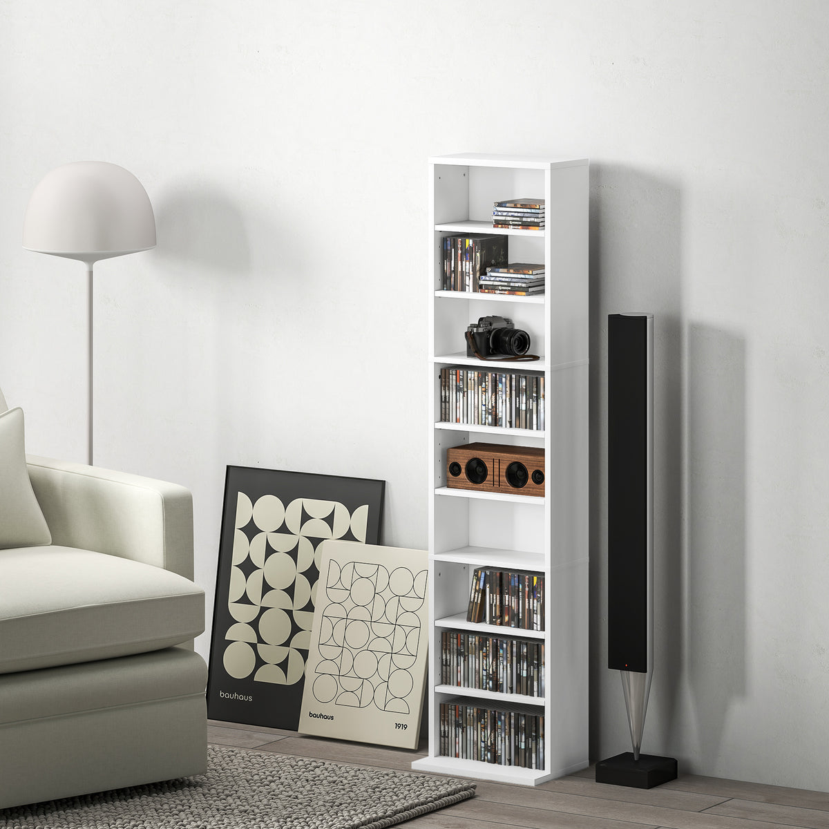 Estante para CDs e DVDs Suportes para CD Estreitos com 9 Compartimentos Prateleiras Ajustáveis para Sala Escritório 33x24x140 cm Branco — foto 2