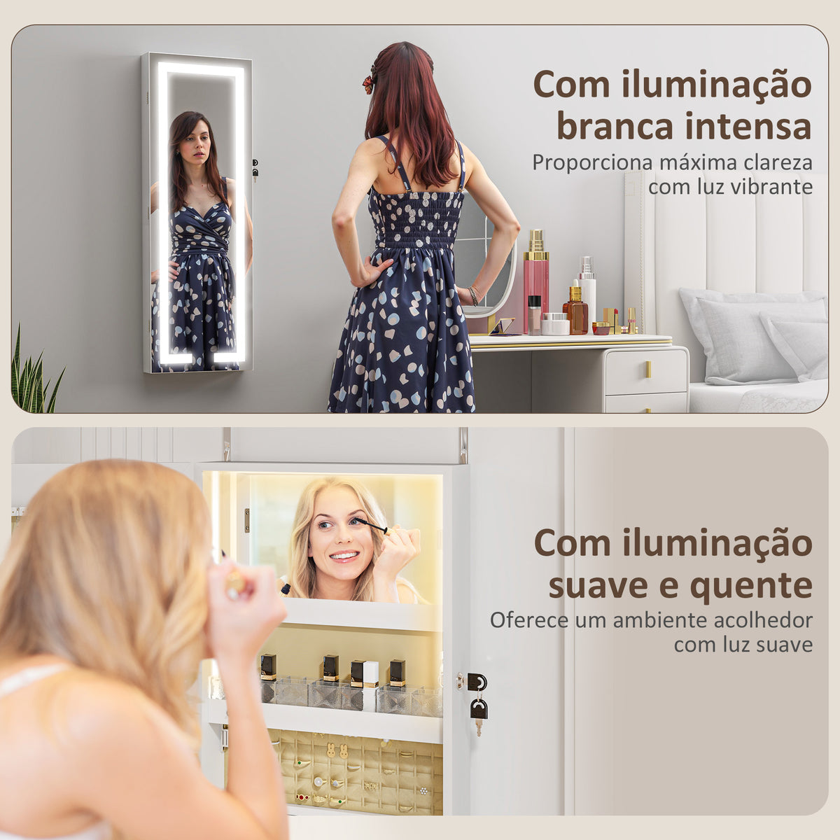 Espelho Joalheiro de Parede Espelho de Parede com Luzes LED e Fechadura Armário para Jóias para Pendurar na Parede ou na Porta 37x10,5x108 cm Branco — foto 5
