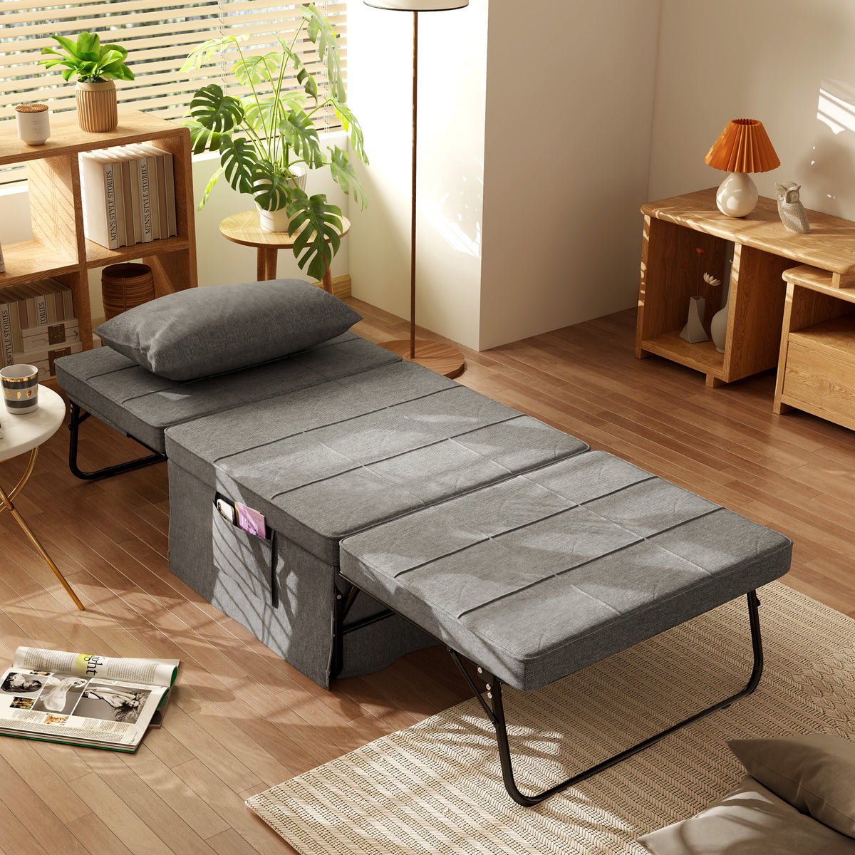 Sofá Cama 4 em 1 Poltrona Cama Desdobrável Estofado em Linho com Encosto Ajustável em 5 Níveis e Almofada Acolchoada para Escritório, Quarto Sala 75x80x74 cm Cinza — foto 2