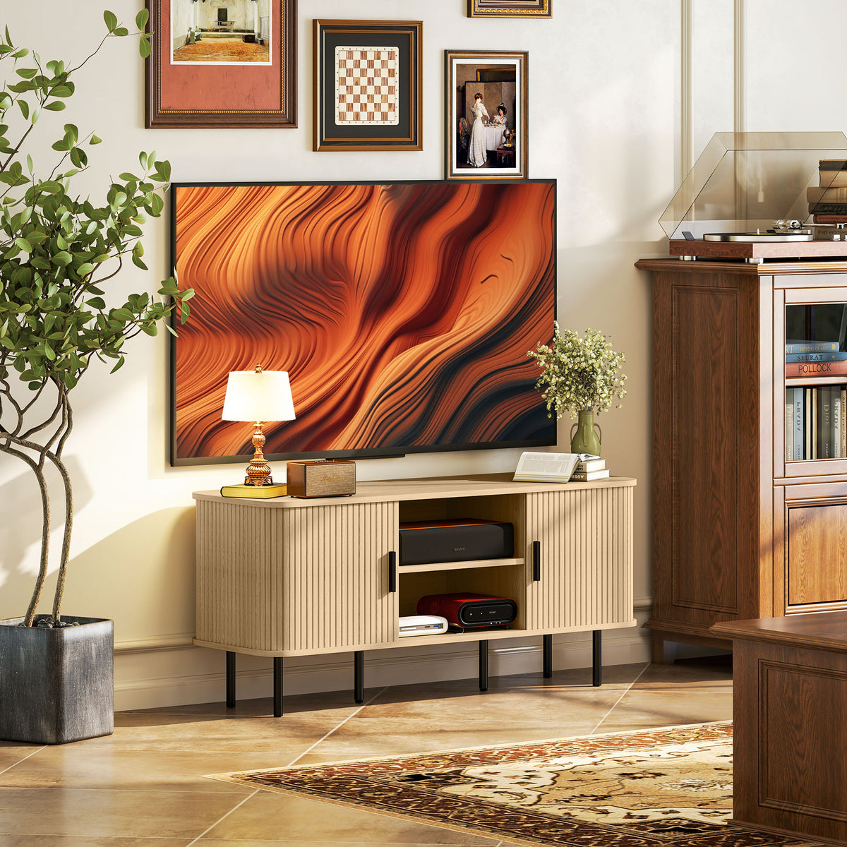 Móvel de TV Vintage Móvel de TV para Sala de Estar com 2 Portas de Correr 2 Prateleiras Abertas Móvel para Televisores de até 55 Polegadas 120x40x55 cm Carvalho — foto 2