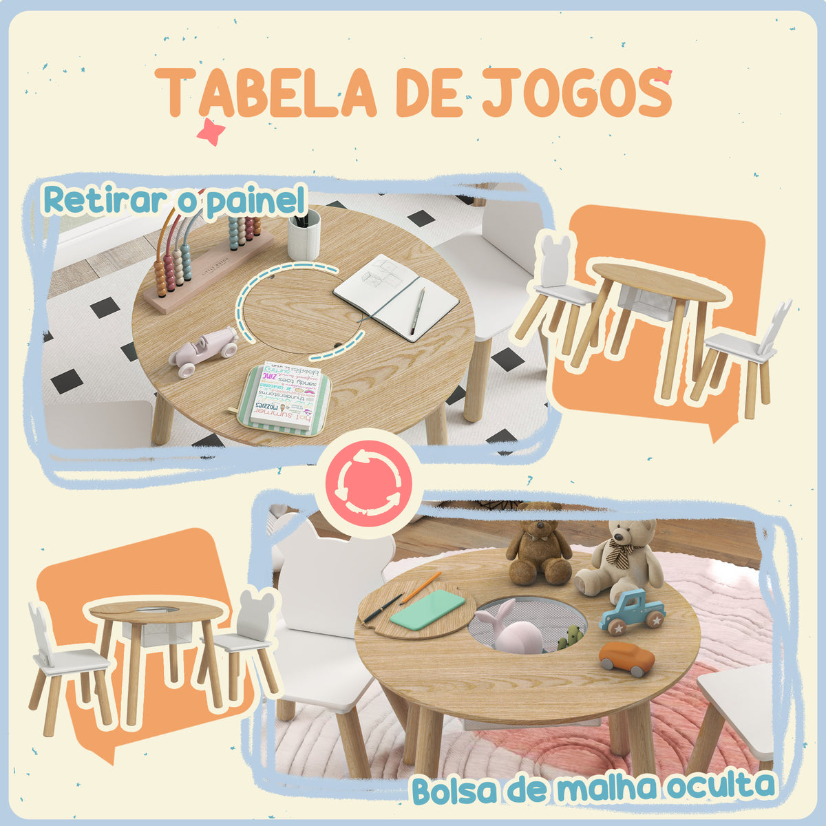 Mesa e Cadeiras Infantis de 3 Peças Mesa Infantil com 2 Cadeiras com Espaço de Arrumação para Crianças de 3-6 Anos para Sala de Jogos Dormitório Escola Infantil Madeira e Branco — foto 5