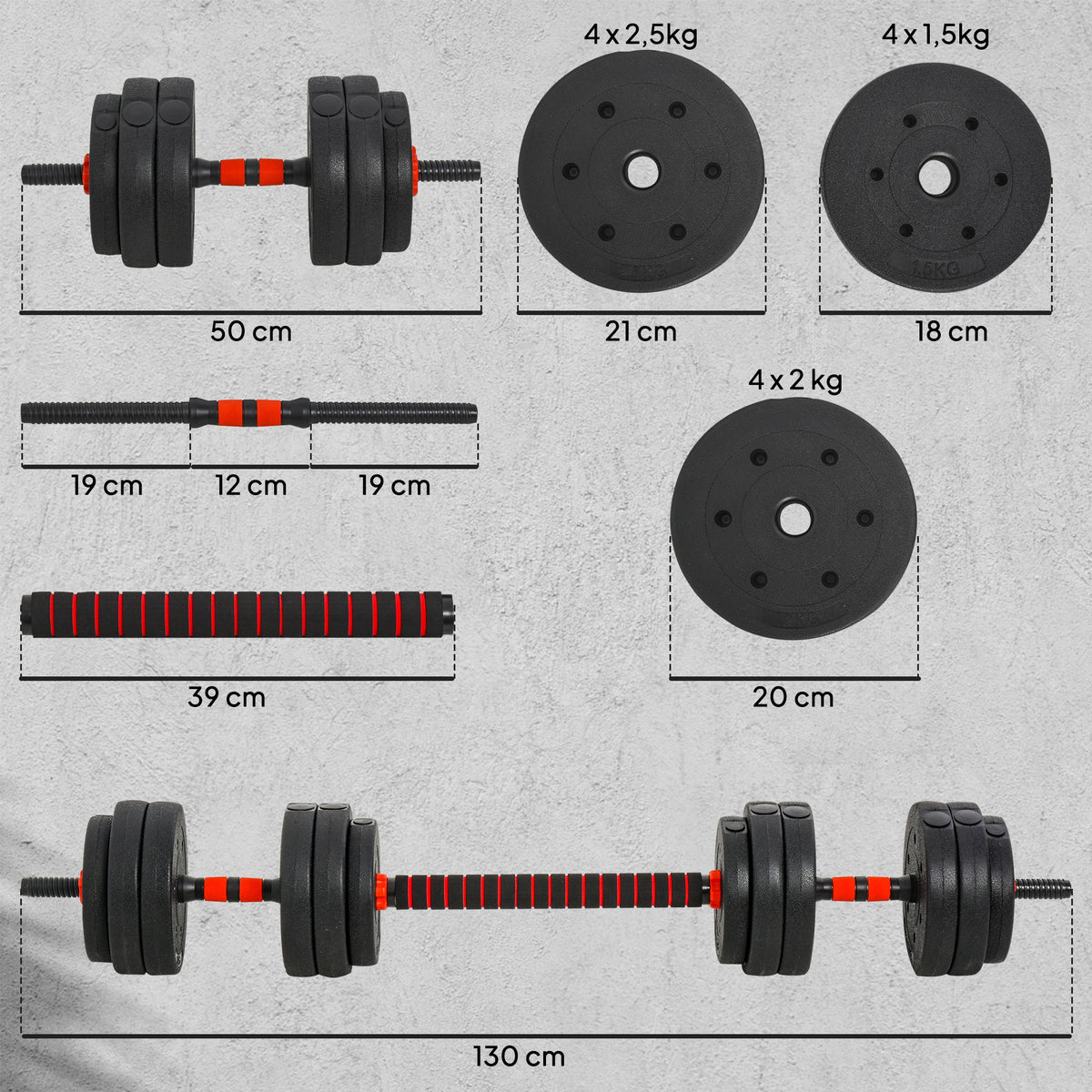 Conjunto de halteres 2 em 1 25 kg com barra ajustável Treinamento de força e levantamento de peso para ginasio preto — foto 3