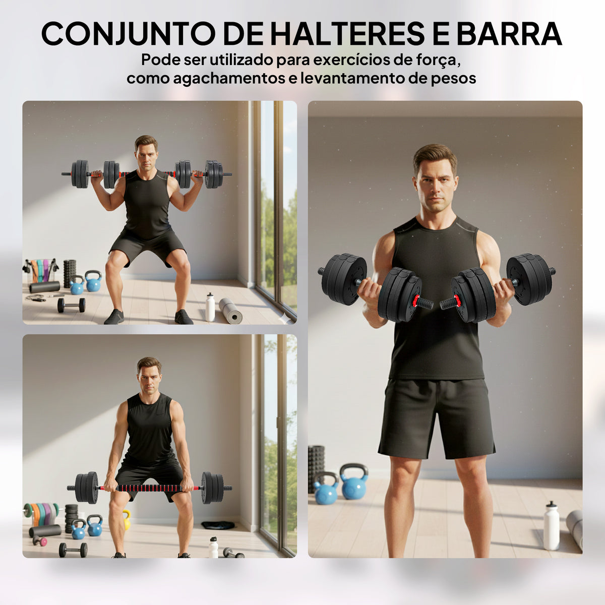 Conjunto de halteres 2 em 1 25 kg com barra ajustável Treinamento de força e levantamento de peso para ginasio preto — foto 4